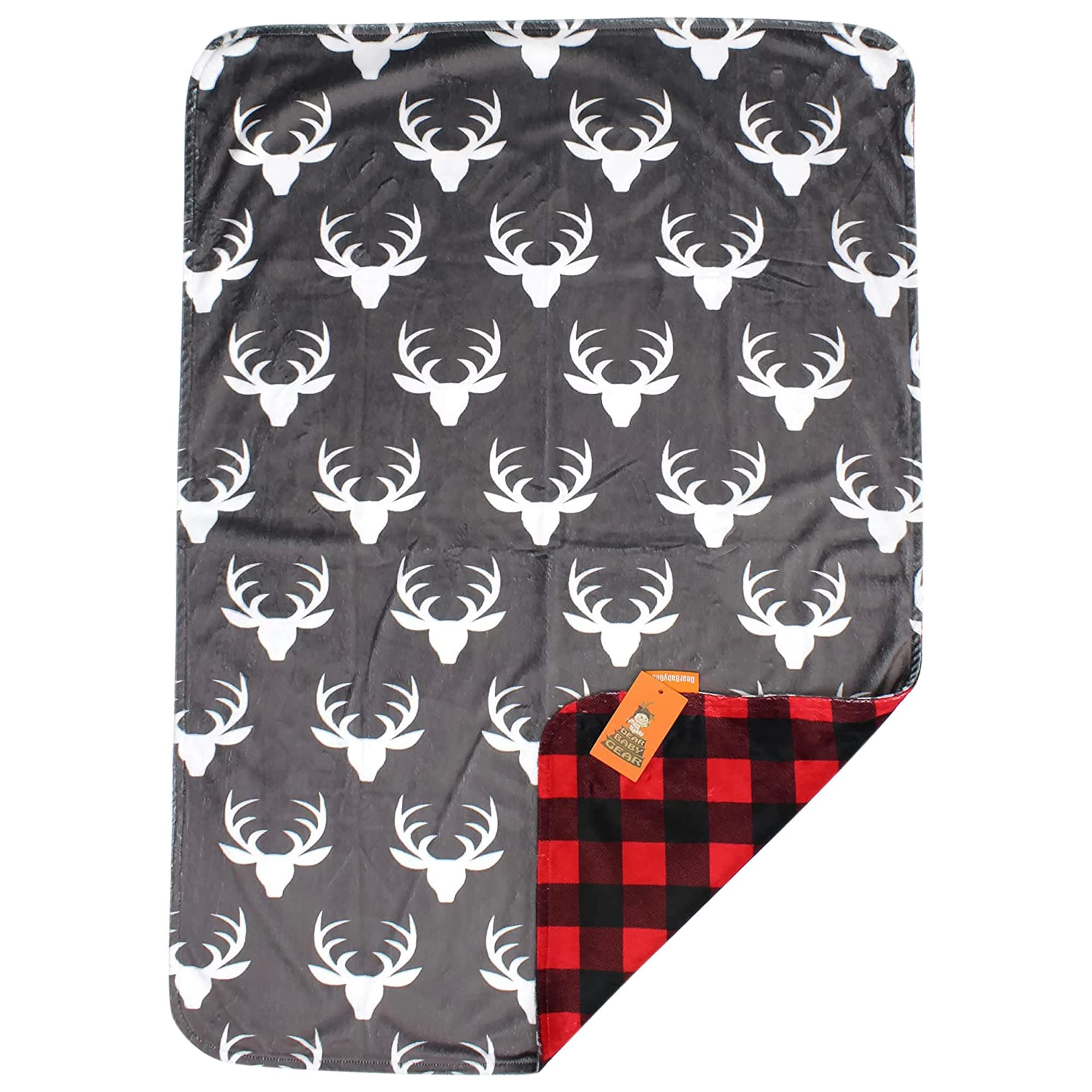 Dear Baby Gear Deluxe Reversible Baby Blankets Custom Minky Print White Antlers Red and Black Buffalo Plaid Minky