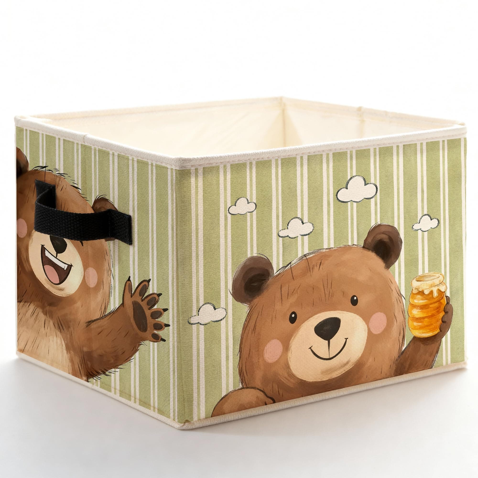 Fyecoluo Green Striped Bear Nursery Storage Bins Box with Handles, Cute Honey Heart Bears Foldable Basket Box for Toddler Boy Bedroom Bathroom Playroom Nursery Clothes Books