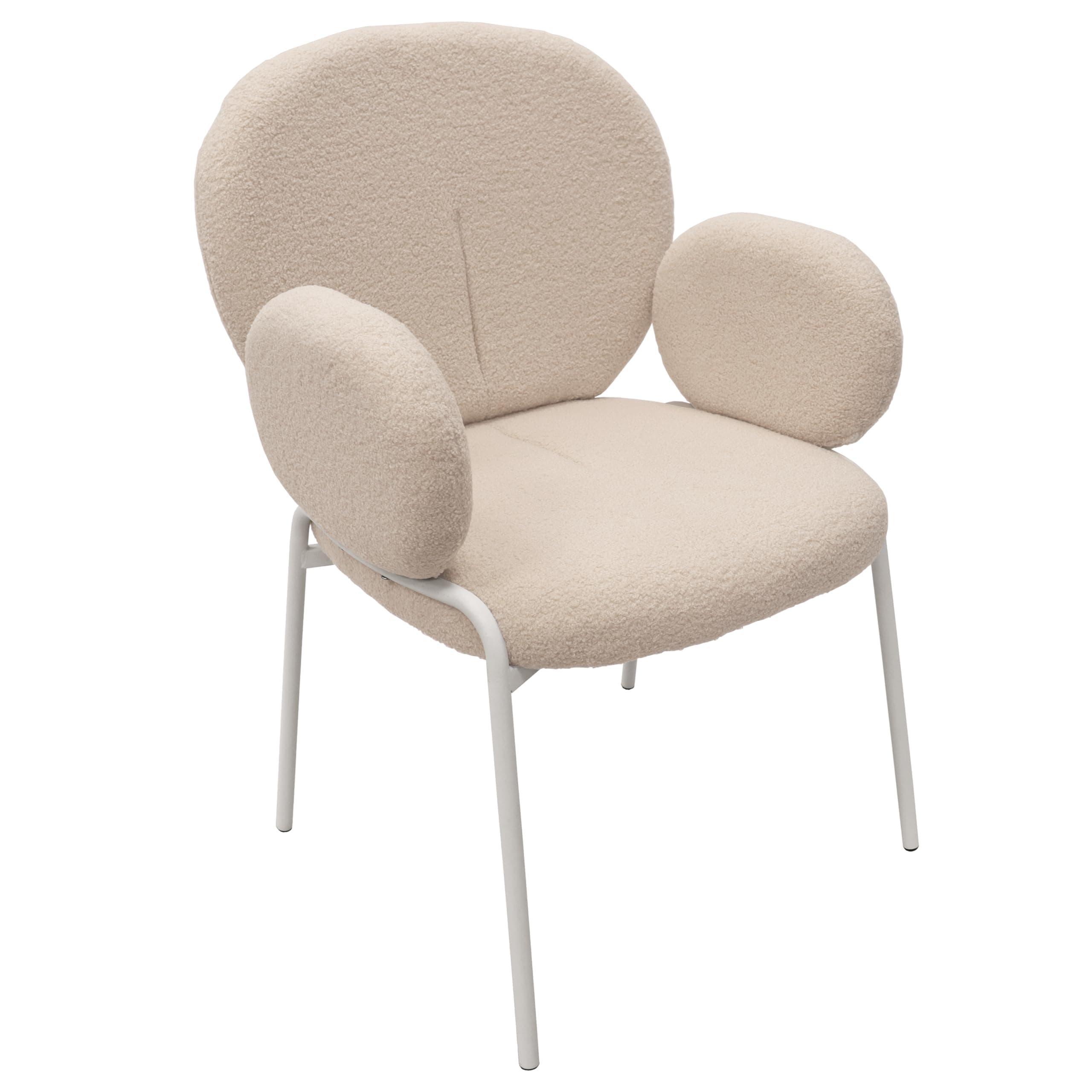 LeisureMod Celestial Modern Boucle Chair Upholstered Seat and Back with Arms and White Iron Frame for Kitchen and Dining Room