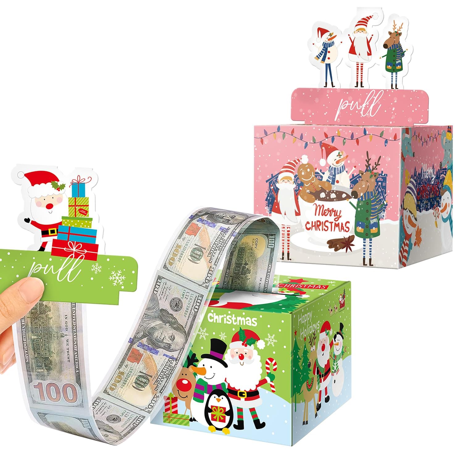 2PCS Christmas Surprise Money Box for Cash Gift, Merry Christmas Money Gift Box with Card Holder for Kids Adults, DIY Fun Holiday, Includes 100Pcs Transparent Bags(Pink, Green