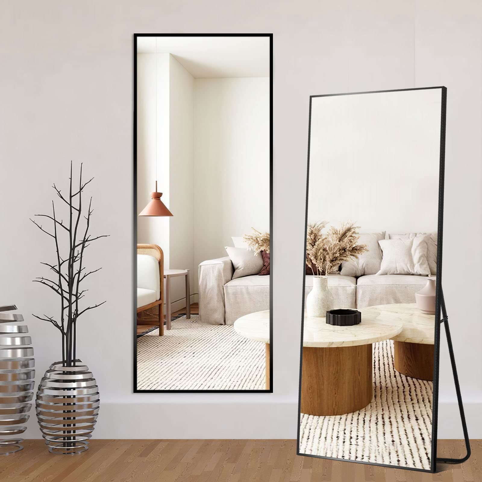 Natsukage Full Length Mirror Wall for Standing Hanging or Leaning Against Dressing Body Aluminum Alloy Frame (47"x16", Black) (AA01014AAF001-USAM022-vc)