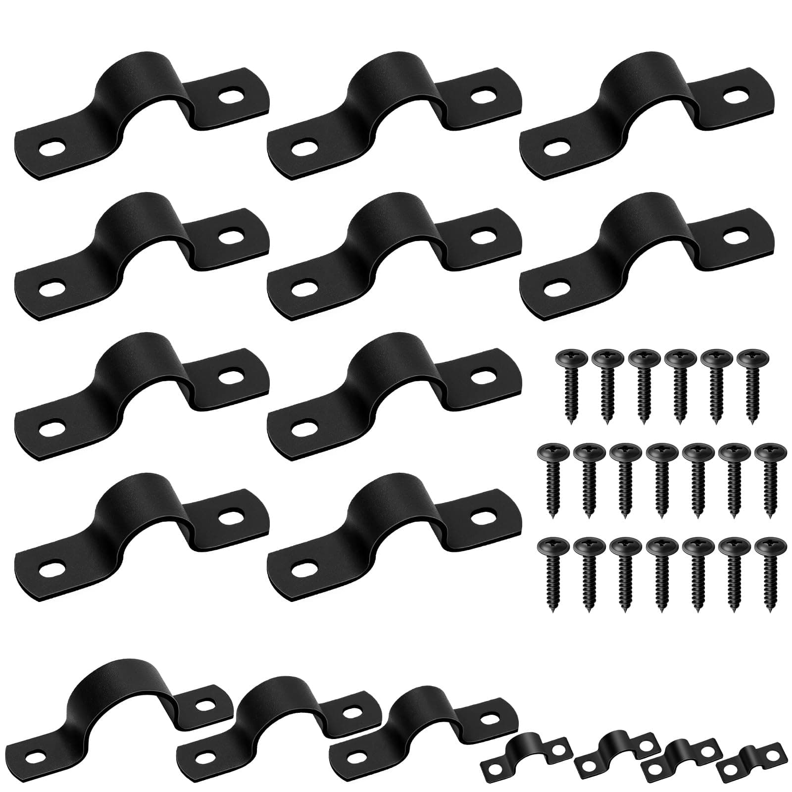 Mardatt 10 Set 15mm Two Hole Pipe Strap Clamp, Carbon Steel Rigid U Bracket Clamps U-Tube Strap Clamp Conduit Clamps with Self-Tapping Screws for Pipe Fixing, Black