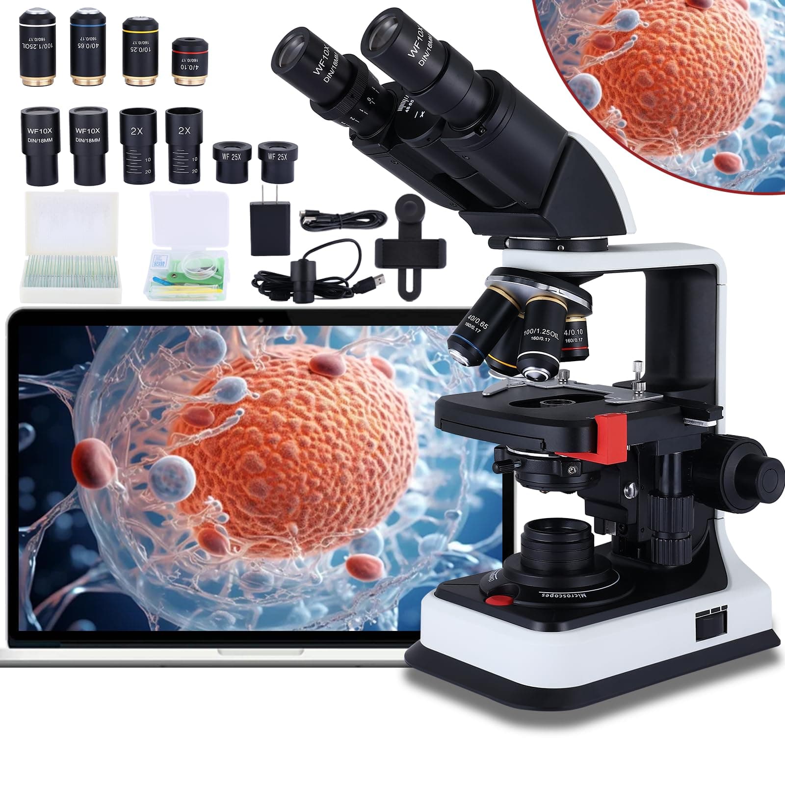 Herwicm 40X-2500X Microscope Laboratory Microscope for Adults with LED, Double 3D Mechanical Stage, Abbe Spotting Scope for Students Children Adults Laboratory Education Science Doppelt Tisch