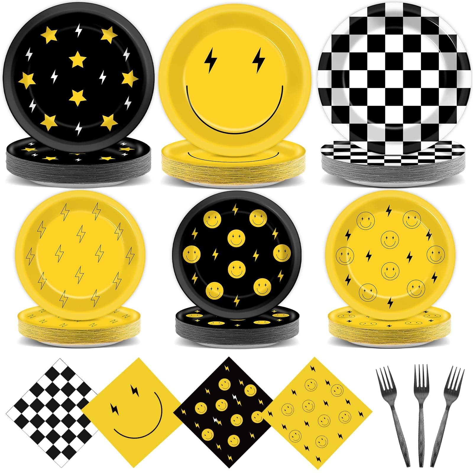 96Pcs Smile Face Birthday Party Decorations One Happy Dude Yellow Smile Face Paper Plates Napkins Lightning Star Checkered Tableware Dinnerware Supplies for Birthday Baby Shower Wedding Party Favors