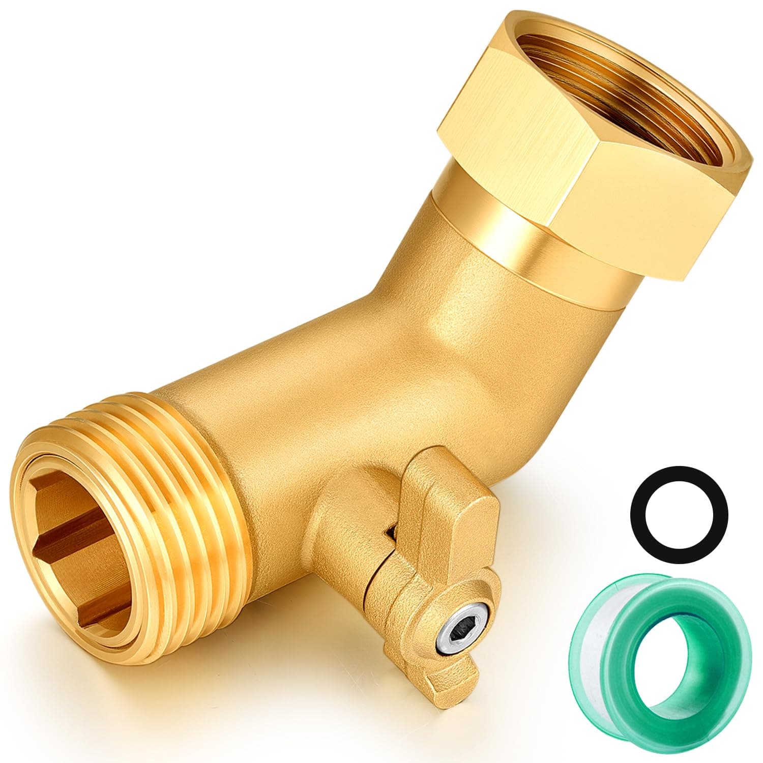 SIGURANTA Brass 45 Degree Hose Bib Valve, 3/4" GHT Garden Hose Elbow Adapter with Shut Off Ball Valve, Heavy Duty Outdoor Faucet Connector for Water Hose, Lawn, Car Wash, Yard Watering
