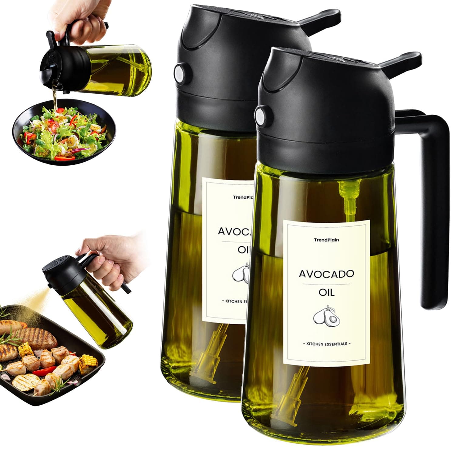 TrendPlain 470ml Olive Oil Dispenser Bottle for Kitchen Gadgets - 2 in 1 Dispenser and Sprayer - Olive Oil Spray Bottle w/Stickers (Light Blockage) - BPA Free - 2 Black