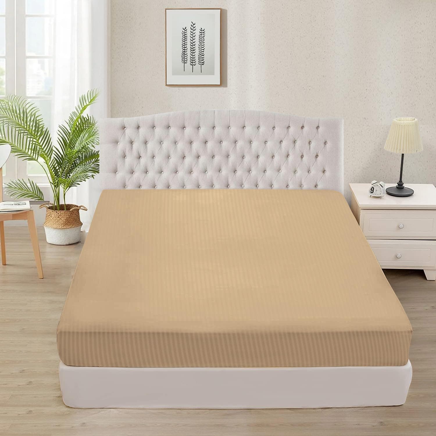 1000 TC Super Soft 1-Piece Fitted Bottom Sheet Only Queen (60" x 80") Comfy & Breathable Egyptian Cotton Fits Fully Elastic 10-12" Deep Pocket (Queen, Stripe, Taupe)