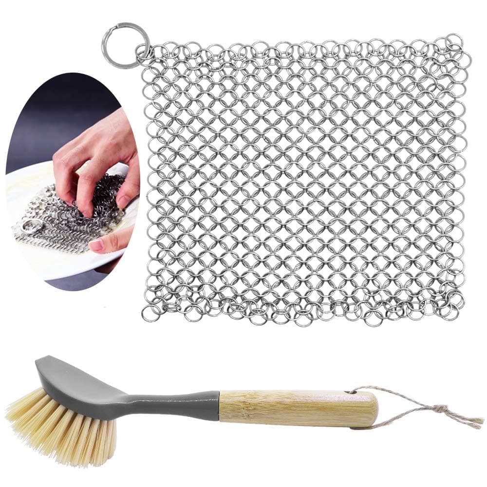 Stainless Steel Cast Iron Cleaner and Cast Iron Brush, SourceTon Stainless Steel Chainmail Scrubber and Bamboo Handle Brush for Skillet, Wok, Pot, Pan