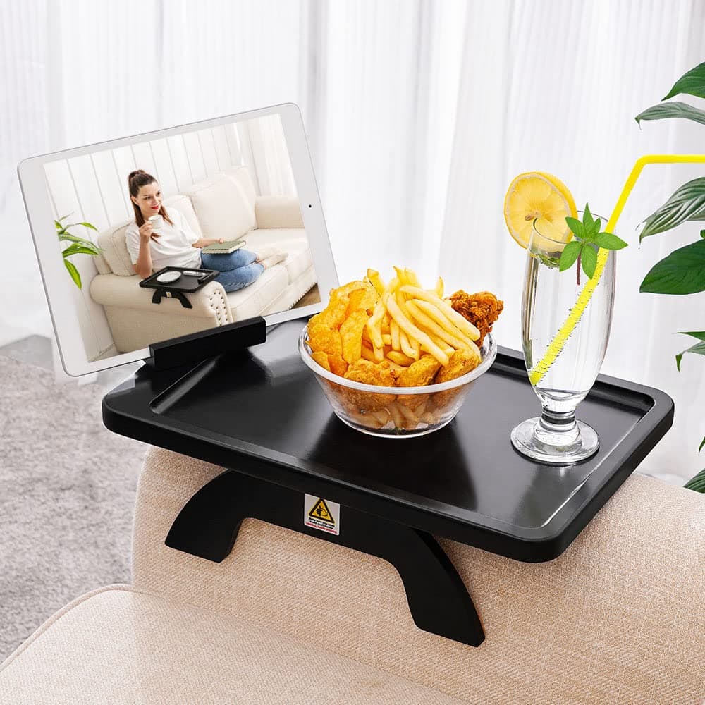 SINWANT Couch Arm Table, Bamboo Clip On Side Table Tray,Foldable Sofa Arm Tray with 360° Phone Holder for Eating Drinking Snacks Remote on Chair Armrest