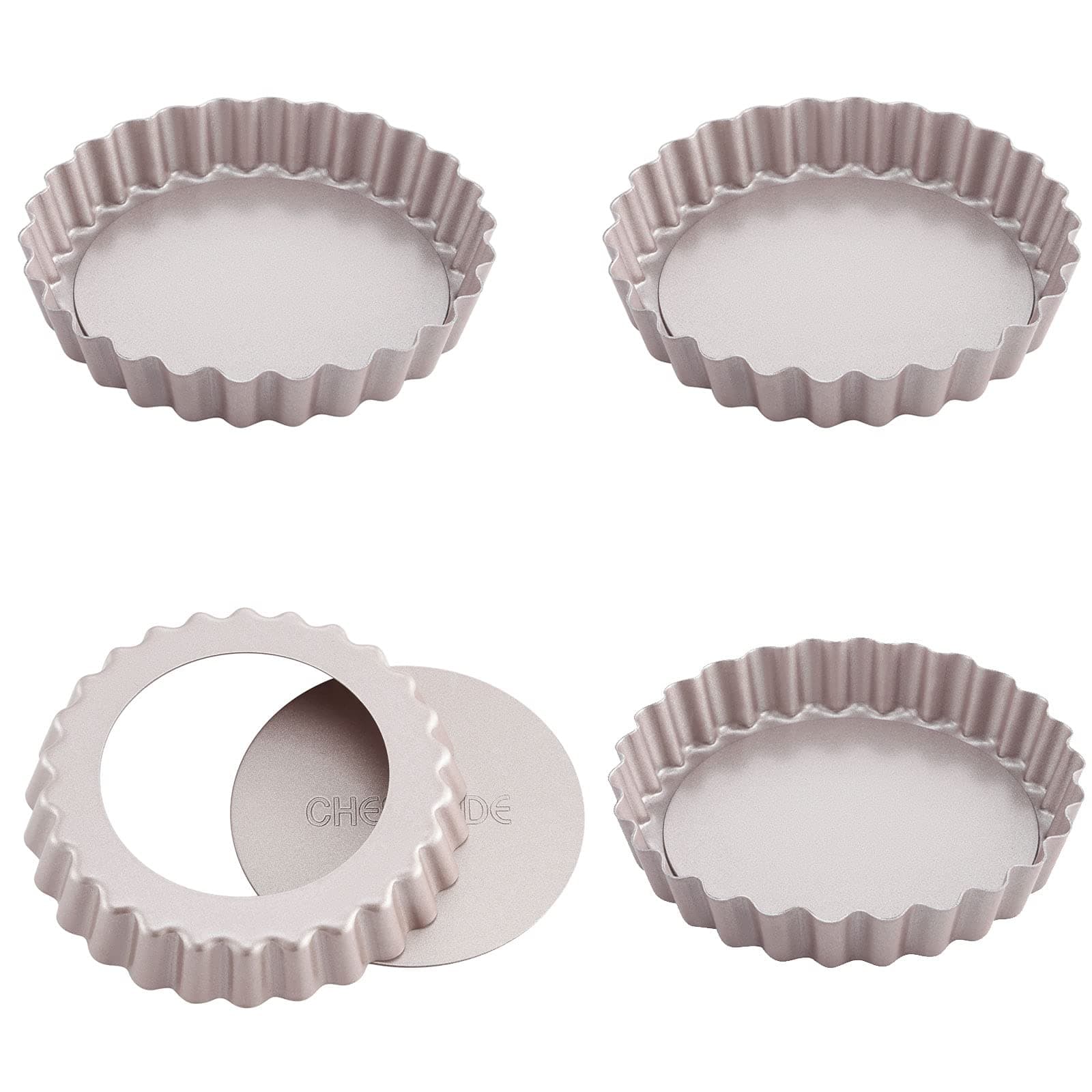 CHEFMADE Mini Round Quiche Pan Set with Removable Loose Bottom, 4-Inch 4PCS Non-Stick Carbon Steel Tart pan, FDA Approved for Oven Baking (Champagne Gold)