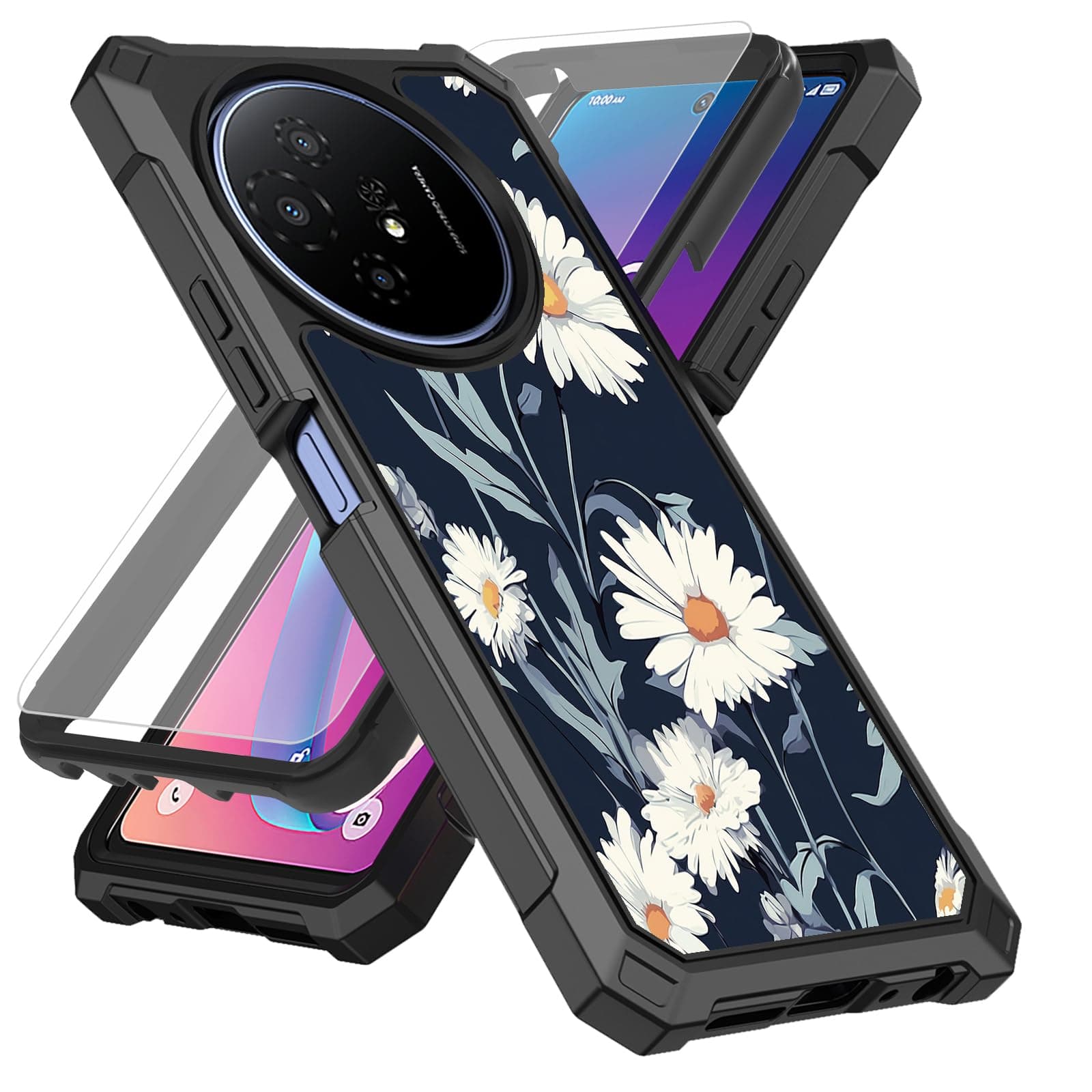SDDFRHGH for TCL 60 XE Nextpaper 5G Phone Case with Screen Protector (Tempered Glass),Slim TPU Rugged Corners Bumper Cover for TCL 60XE Nextpaper 5G 6.78" -White Daisy Florals