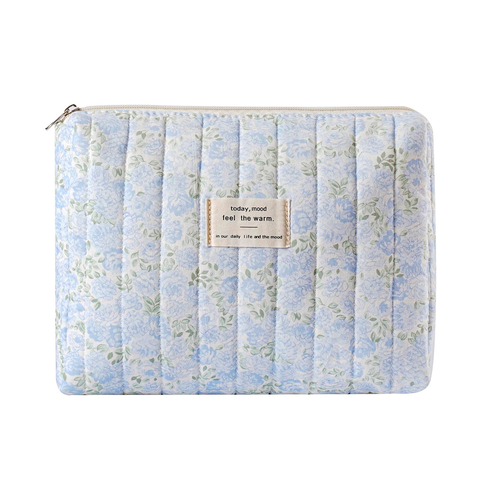 uekeboag Quilted Cotton Makeup Bag,Coquette Quilted Toiletry Bag for Women and Girls,Floral Coquette Pouch,Cute Kawaii Travel Cosmetic Bags, Watercolour Blue