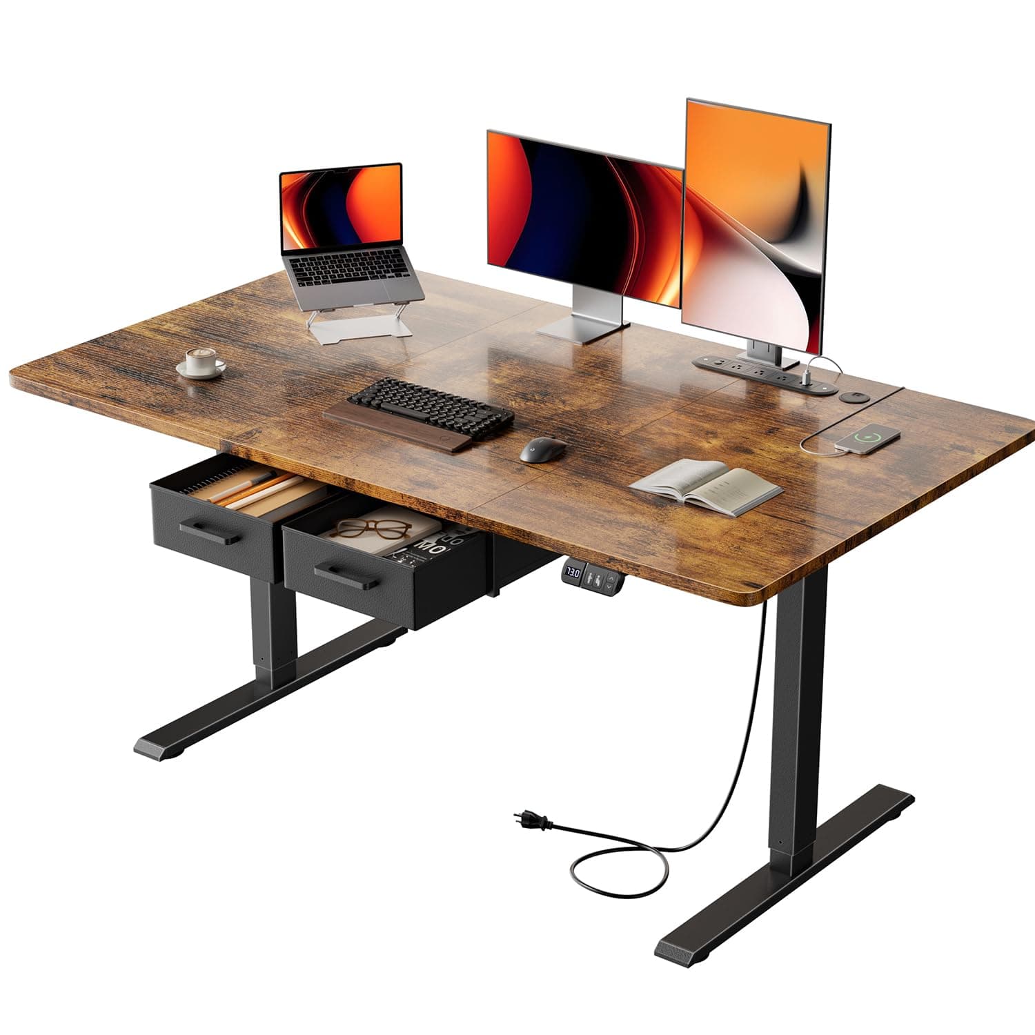 HLDIRECT 55x31 Inch Electric Standing Desk with Power Outlets and Drawers