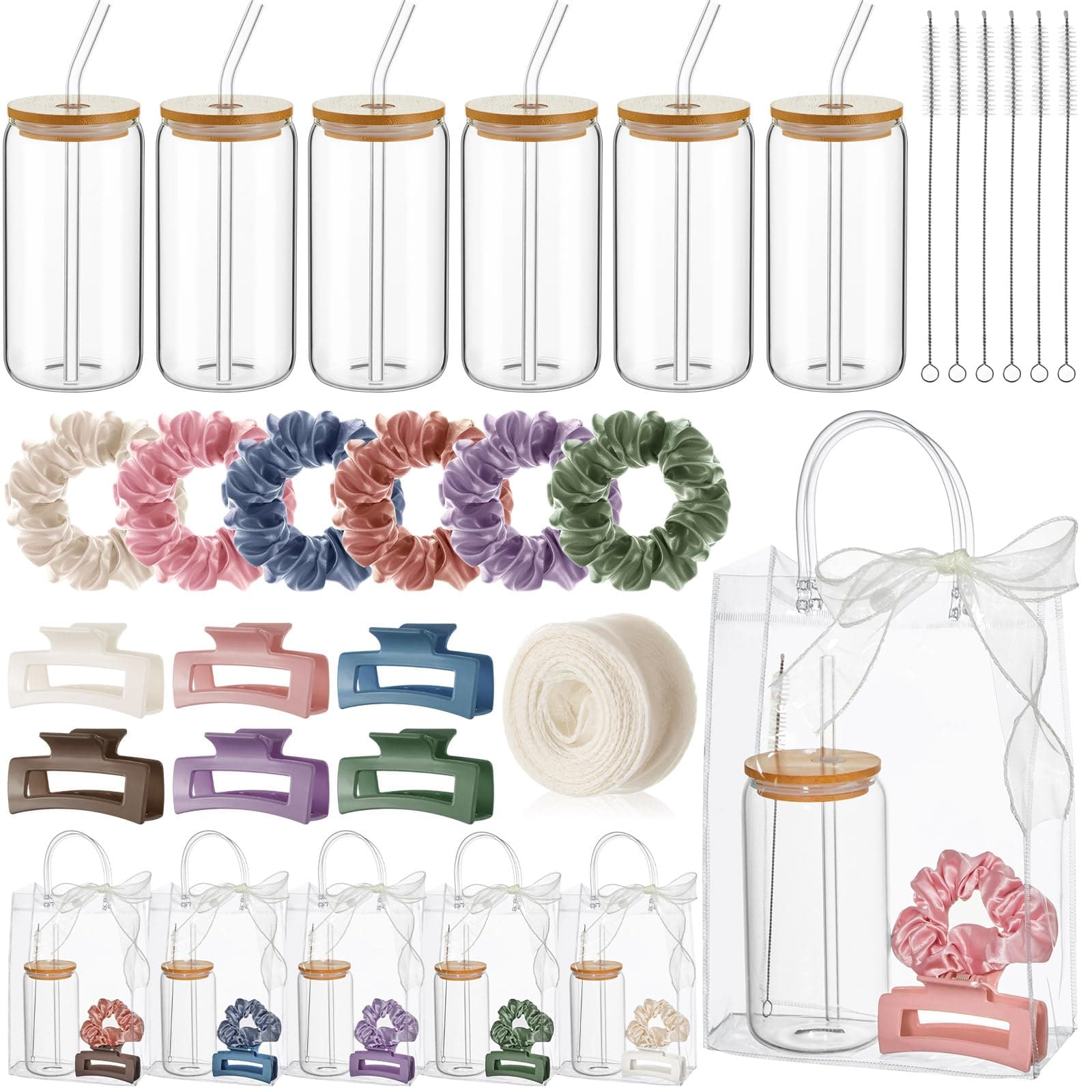 SiliFine 25 Pcs Birthday Gifts for Girls, 10 Set Multicolor Birthday Gifts Party Supplies 10 Glass Cups 10 Hair Bands 10 Hair Clip 10 Tote Bags 1 Ribbon for Women Spa Sleepover Slumber Party Favor