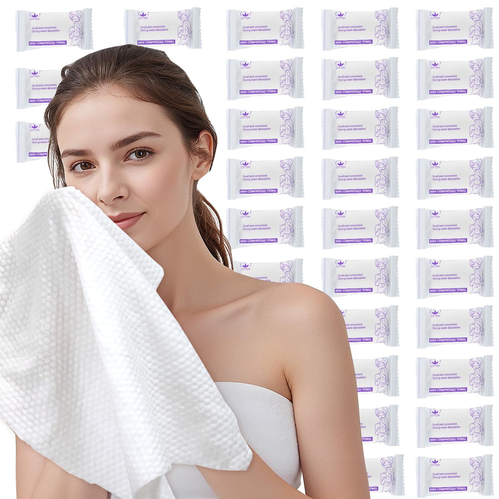 Celmuron Disposable Compressed Face Towels, 50 Pcs Individually Wrapped, Pure Cotton Travel Washcloths 11.8 x 9.5 in, Soft & Lint-Free, Portable for Travel & Business Trips