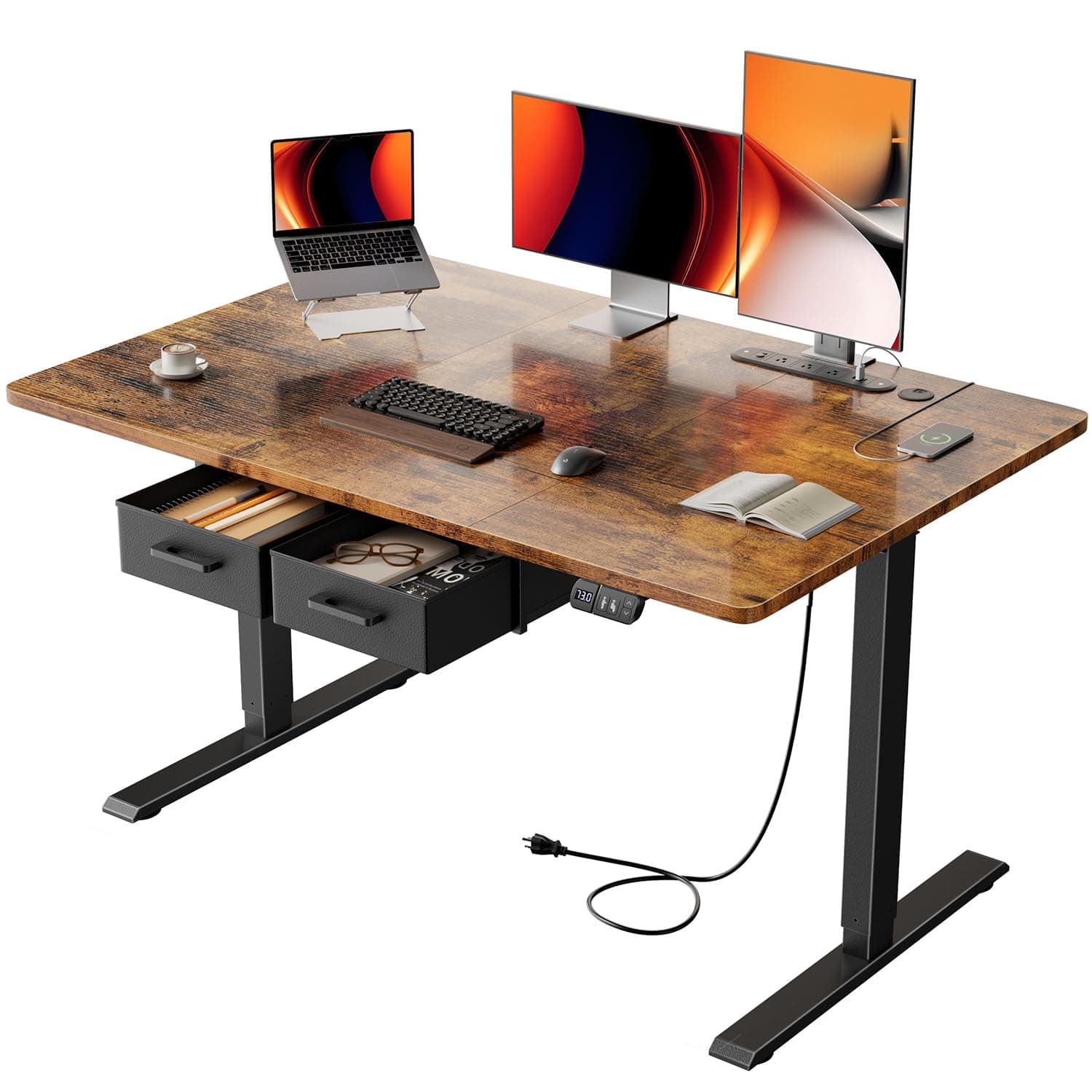 HLDIRECT 47x31 Inch Electric Standing Desk with Power Outlets and Drawers