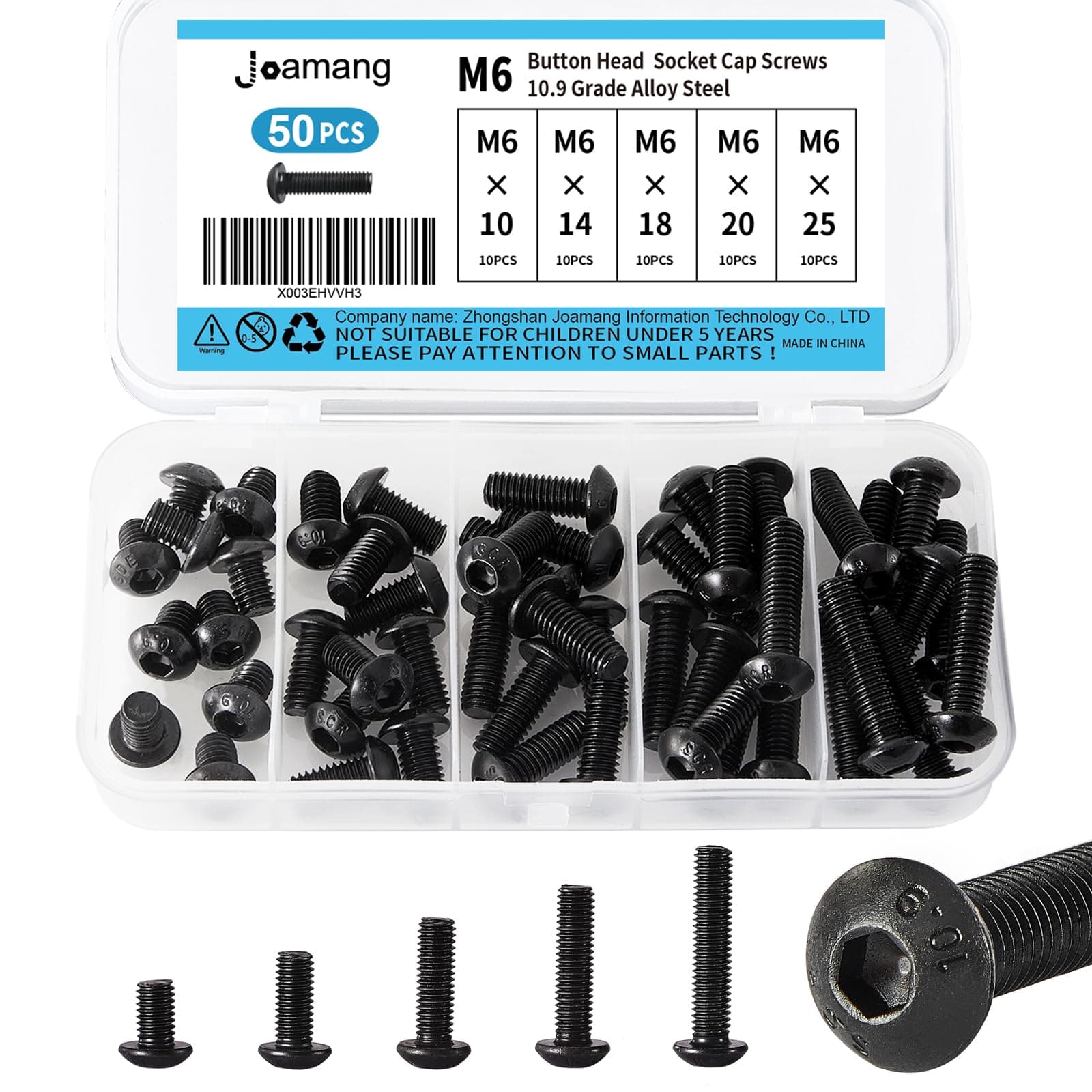 Joamang M6 x 10mm 14mm 18mm 20mm 25mm Button Head Socket Cap Screws Bolts, 10.9 Grade Alloy Steel, Black Oxide Finish, Metric Allen Hex Drive, Fully Threaded, Assortment Kit 50Pcs