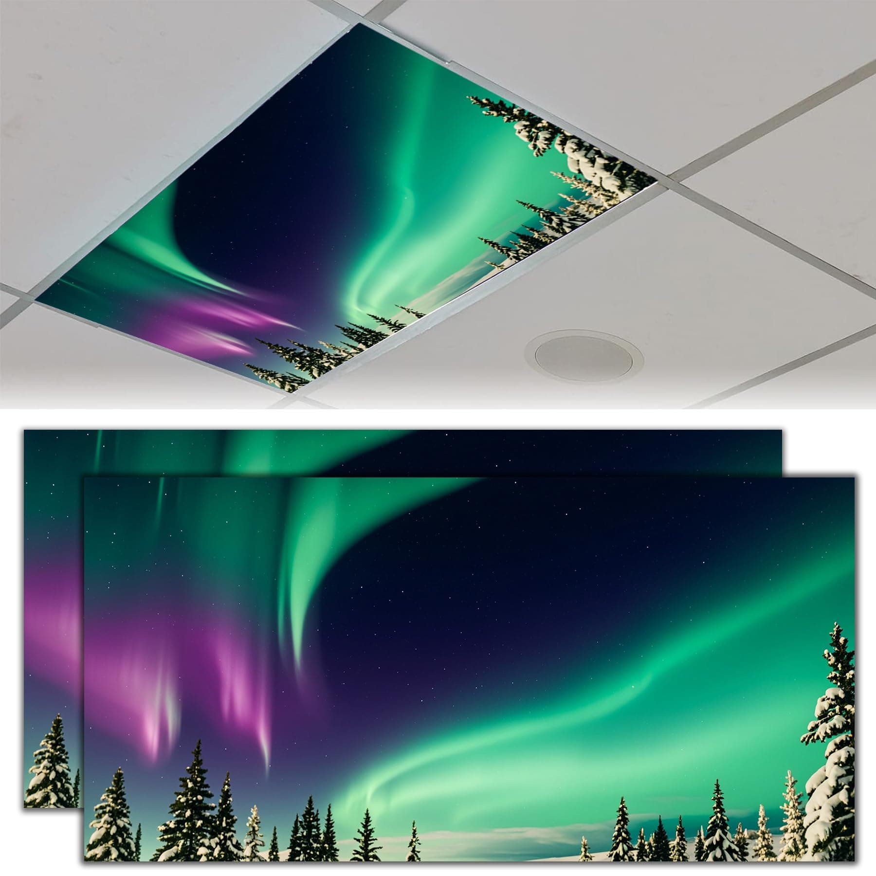 REAIJUNPIN 2PCS Fluorescent Light Covers for Classroom, Magnetic Galaxy Light Filter, Ceiling Decorative Light Filters for Office Classroom Home, 4 x 2 Feet Ceiling Light Diffuser Sheet (Green Aurora)