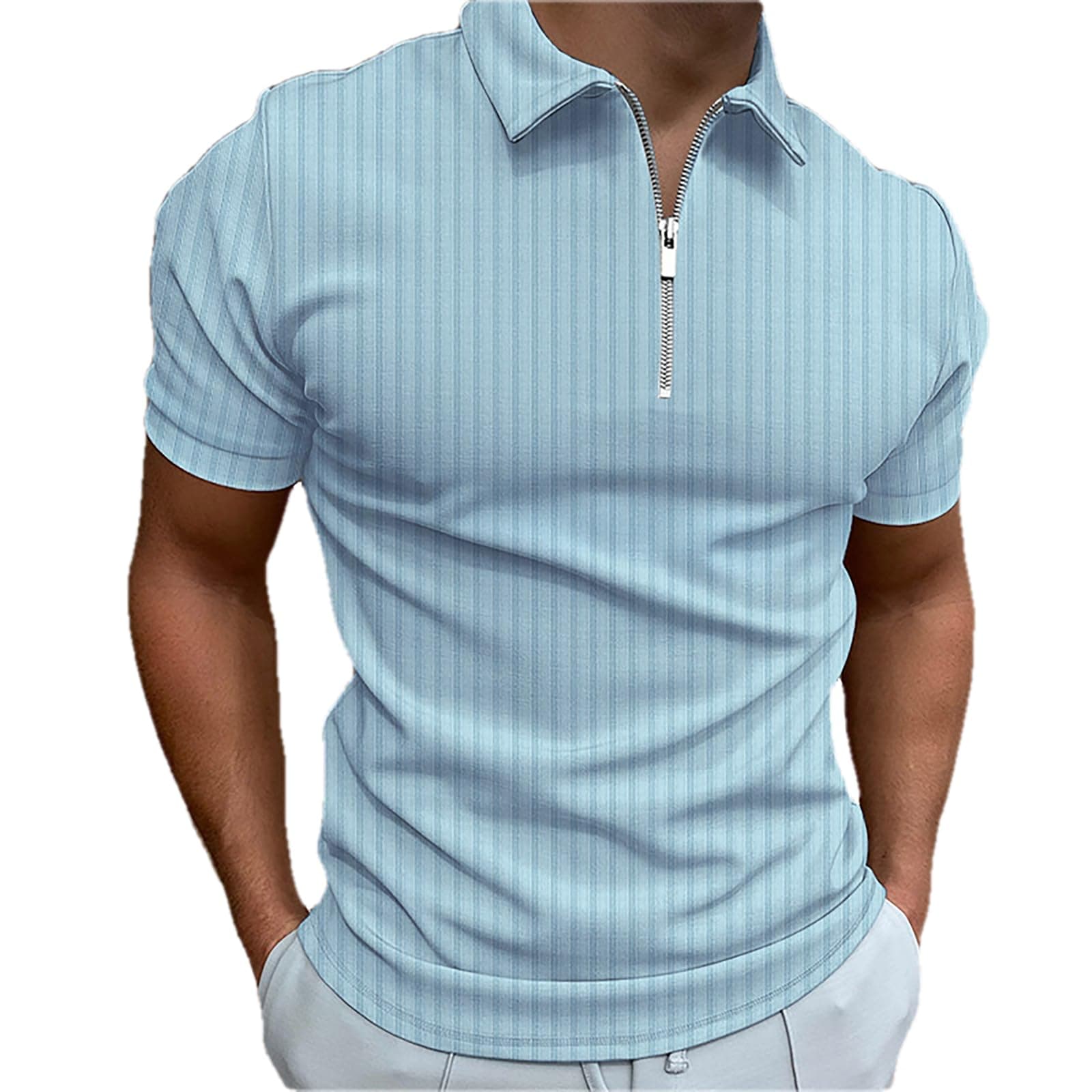 PLUMZJOY Men's Solid Color Short Sleeve Polo Shirt with Zipper, Fashionable Casual Style, Multiple Colors Available