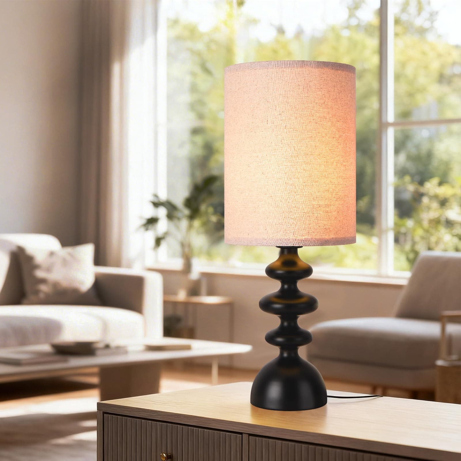 Sionfungluxx Modern Black Spiral Base Table Lamp with White Fabric Cylinder Shade - Minimalist Bedside Lamp for Bedroom, Living Room, Office