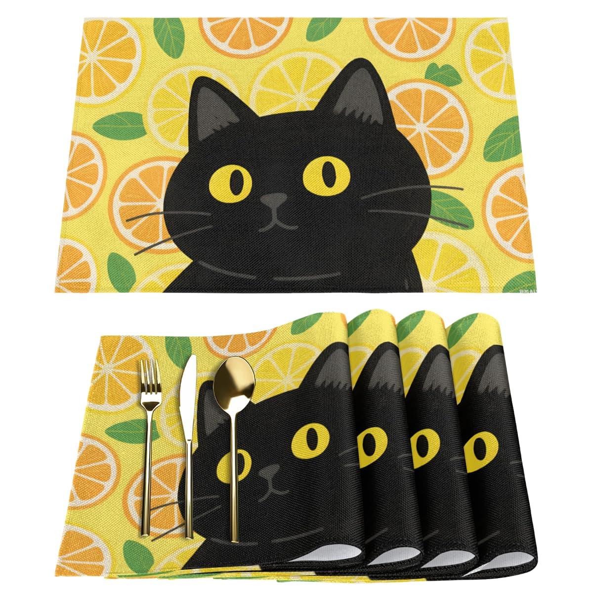 Lemon Funny Cat Placemats Set of 4 Washable Kitchen Dining Table Mats 12 x 18 Inch Modern Cloth Place Mats Non-Slip Heat Resistant Placemats for Home Farmhouse Kitchen Dinner Party Decor
