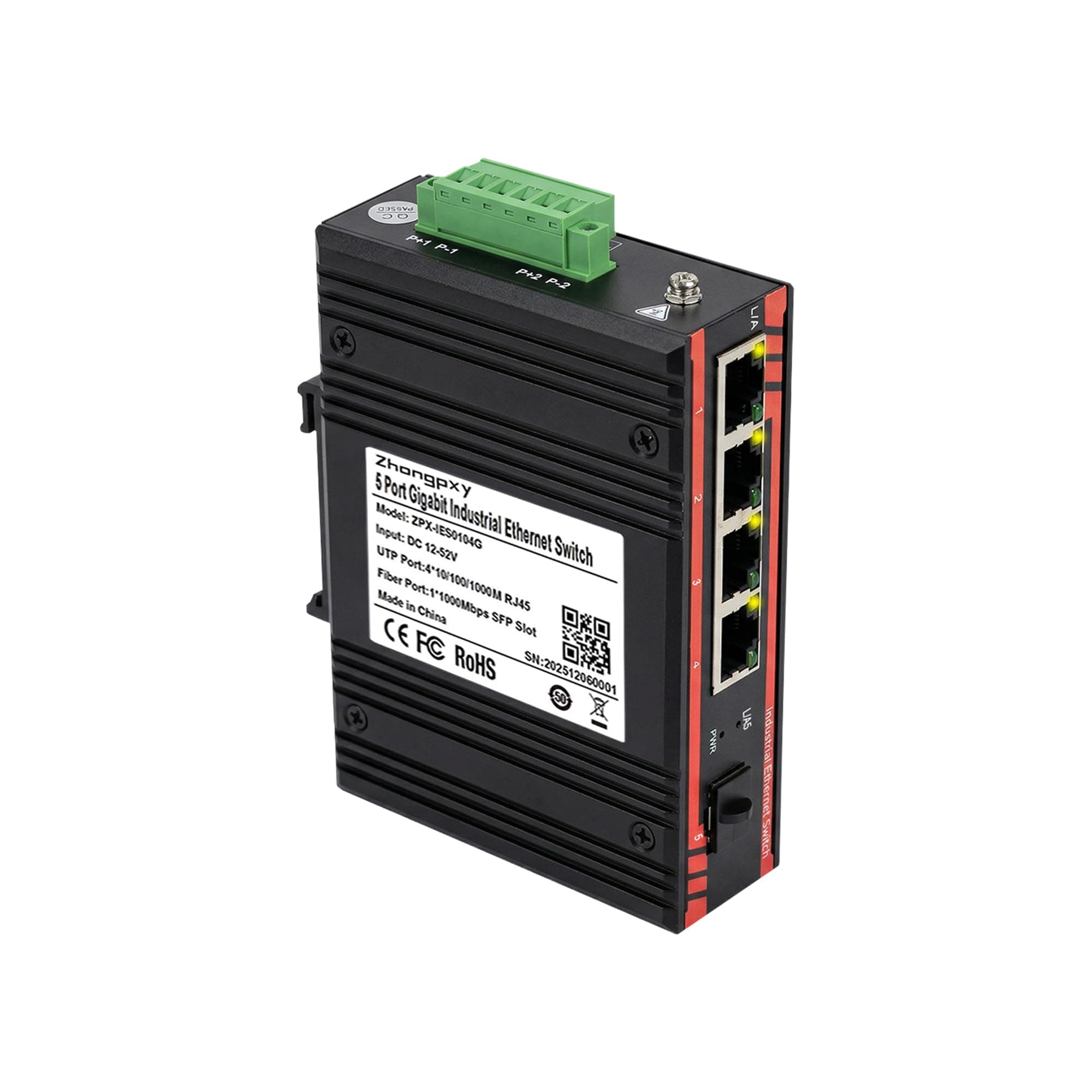 ZHONGPXY Industrial Ethernet Switch 4×Gigabit RJ45 + 1×SFP Fiber | 5-Port Unmanaged DIN-Rail Switch | IP40 Aluminum | 12–52V DC | -40~80℃ | Compact Industrial Network Switch