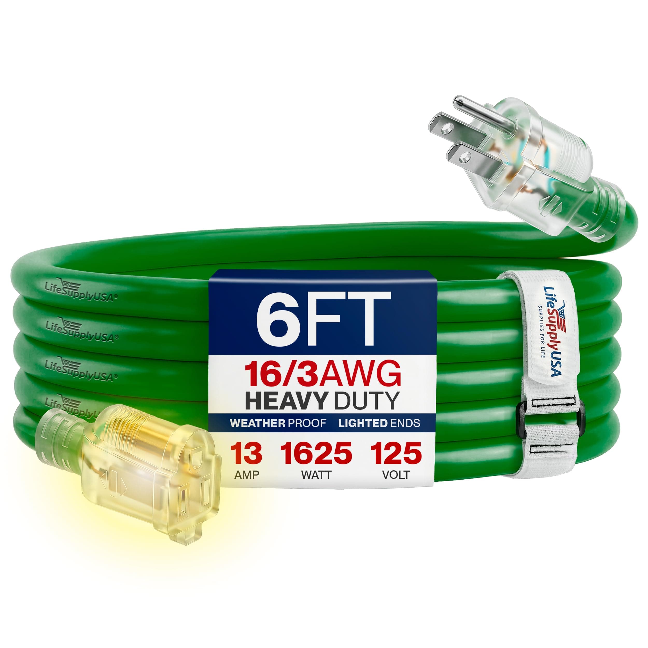 6ft Outdoor/Indoor Extension Cord 16/3 Gauge Heavy Duty 3 Prong SJTW, Waterproof, Flexible Cold-Resistant Long Power Cord,13A 125V 1625W, Green by LifeSupplyUSA