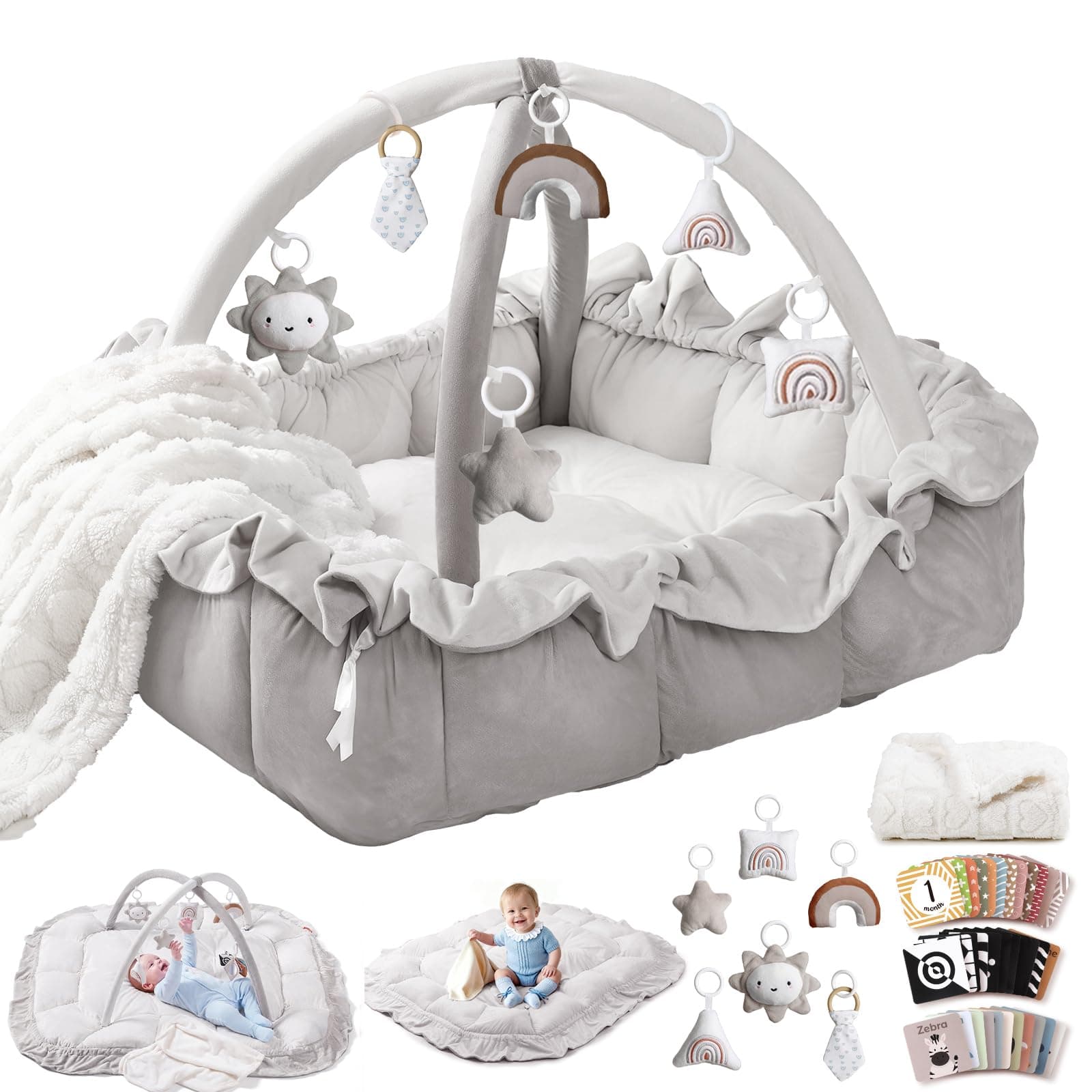 5-in-1 Plush Baby Play Gym, Baby Play Mats, Convertible Baby Gym with Blanket and 6 Toys, Tummy time mat, Baby Activity Center from Newborn to Toddler, Baby Gym, Ball Pit, No Ball Included, Gray