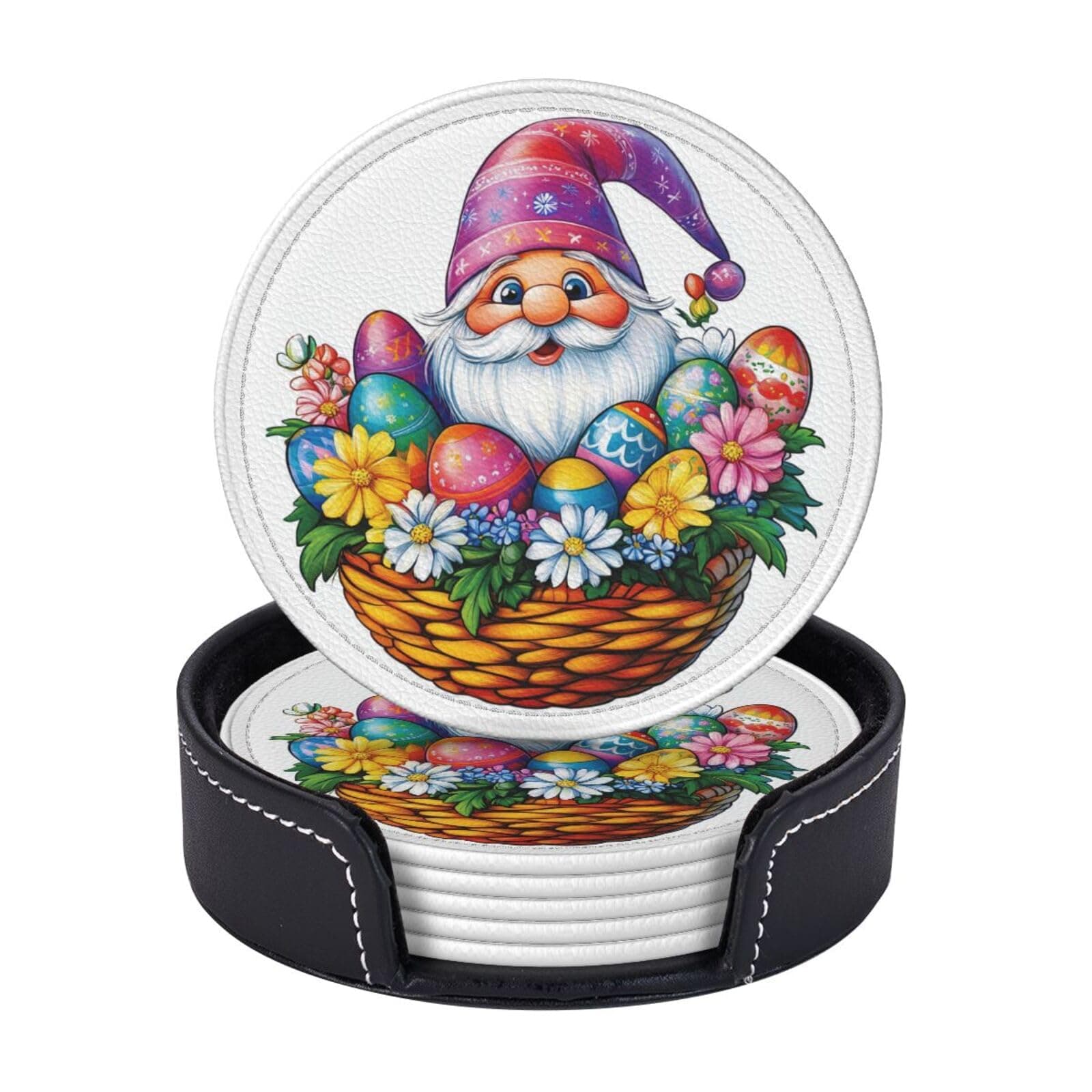 6 Pcs Easter Gnome with Colorful Eggs Coasters for Drinks with Holder Round Leather Coasters Easter Coaster Sets Personalized Drink Coasters Coffee Table Cup Coaster Beer Coasters