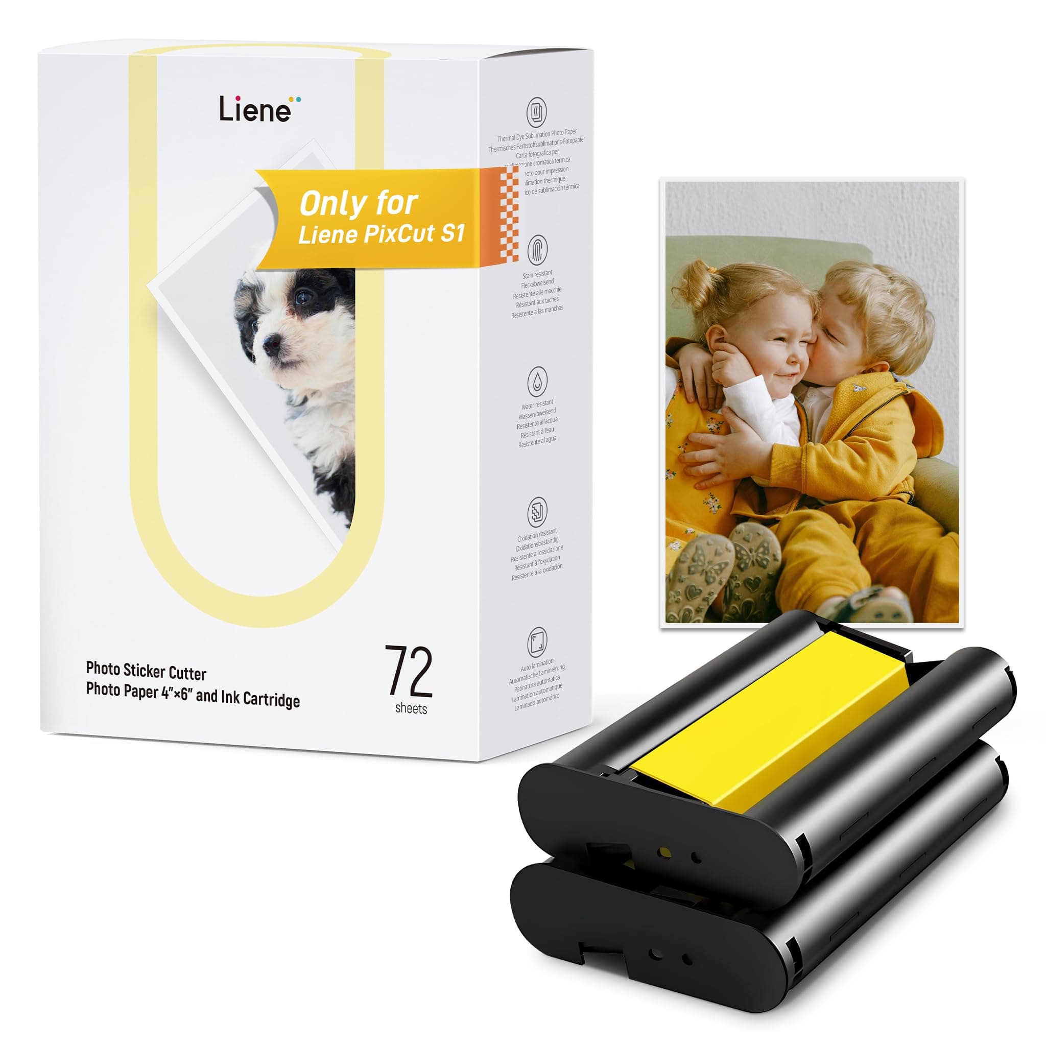 Liene Photo Paper & Cartridge, 2 Ink Cartridge Refill & 72 sheets photo papers, 4x6", Dye Sublimation, Water & Oxidation-Proof, Only for Liene PixCut S1