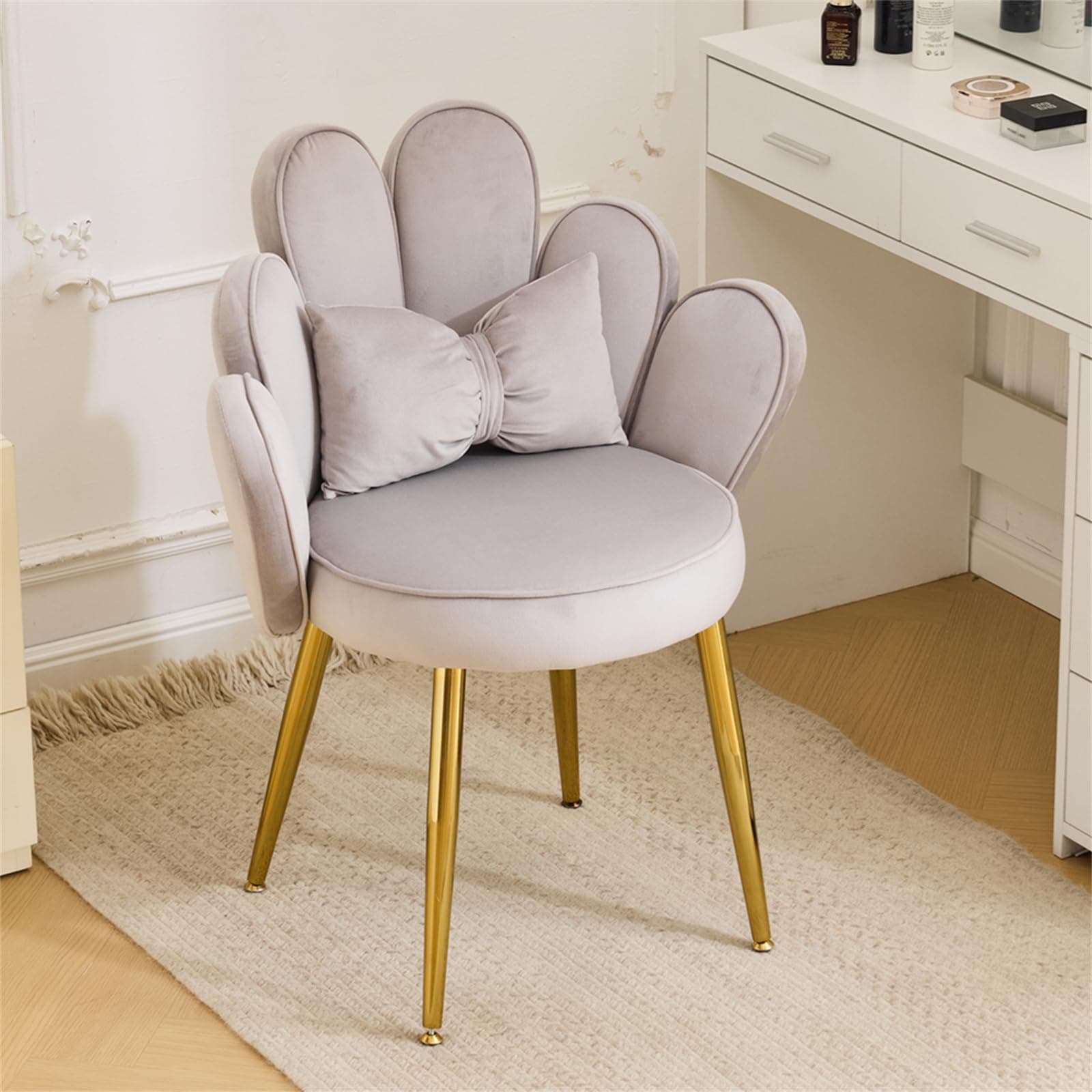 VINGLI Petal Makeup Vanity Chair with Back,Flower Cute Girls Desk Chair Comfy No Wheels,Modern Dining Chair,Small Accent Chair with Adustable Gold Legs&Bow Pillow for Home Office,Bedroom,Velvet,Grey
