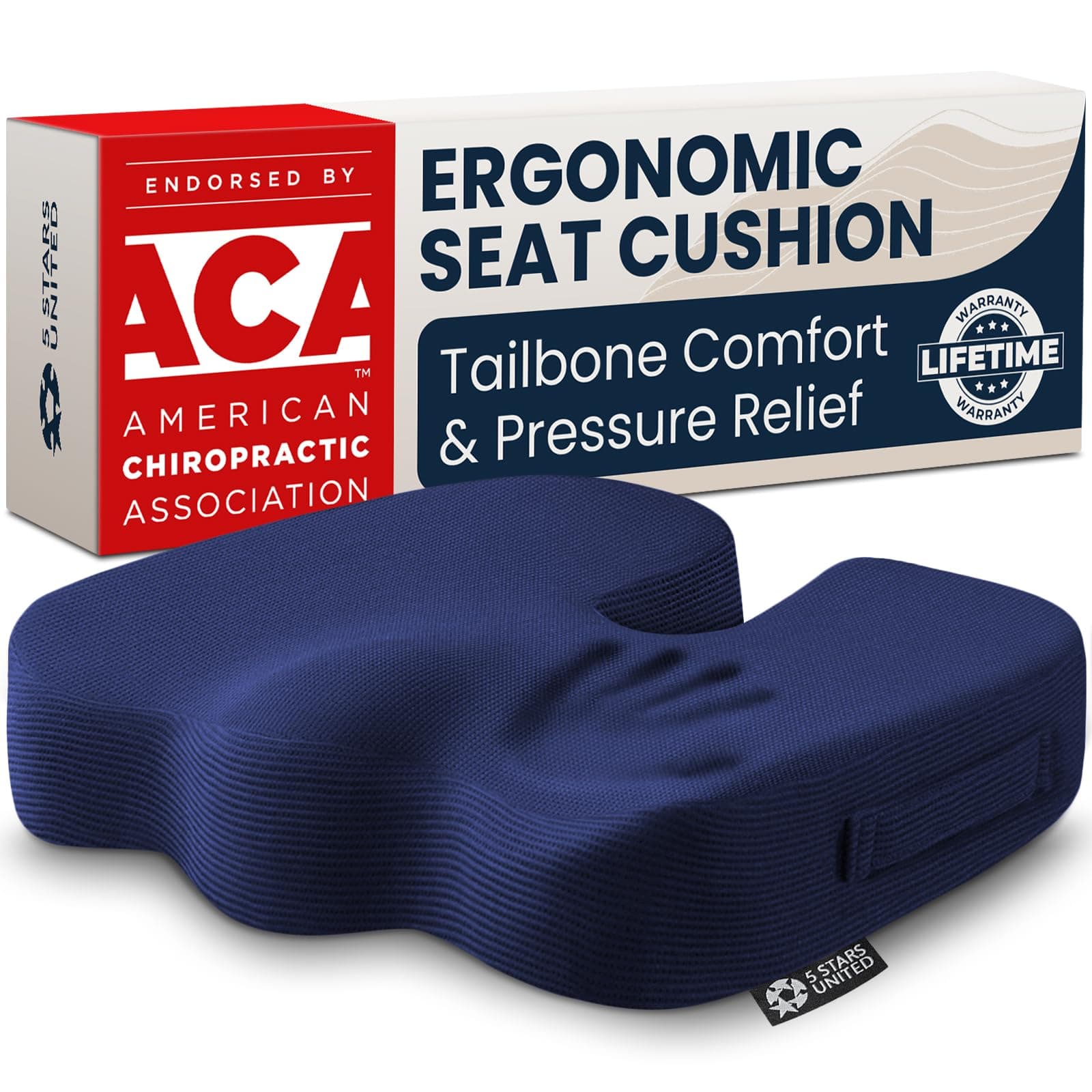5 STARS UNITED Seat Cushion - Memory Foam Chair Cushion for Tailbone Pain Relief - Ergonomic Support for Coccyx, Sciatica & Butt - Office, Desk & Gaming Chair, Car Seat, Wheelchair, Airplane, Blue