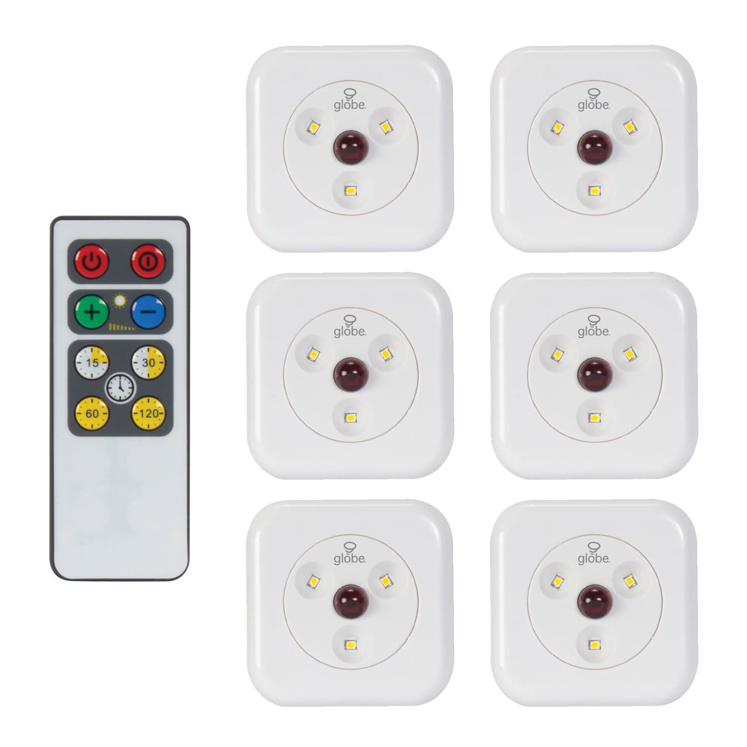 Globe Electric LED Under Cabinet Slim Puck Light, 6-Pack, Remote Control Included, Dimmable, Push Button On/Off Switch, White Finish, 18 Batteries Included, 3000K Soft White, 26044
