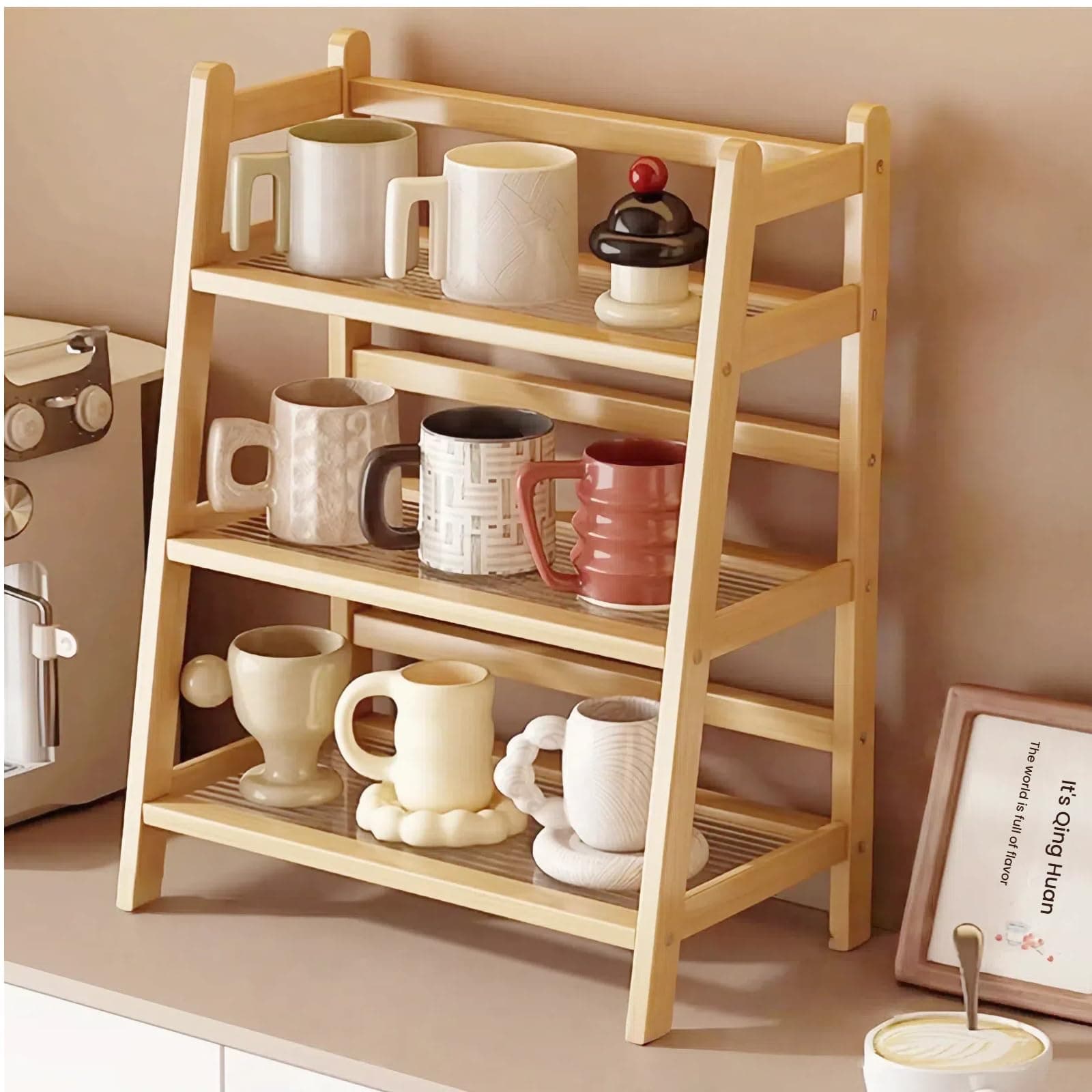 3 Tier Acrylic Laminated Board Look Coffee Station Organizer,Mug Holder Countertop Organizer,Matcha Storage,Cup Display Shelf,Condiment Storage Rack for Kitchen,Living Room,Office,Coffee Bars