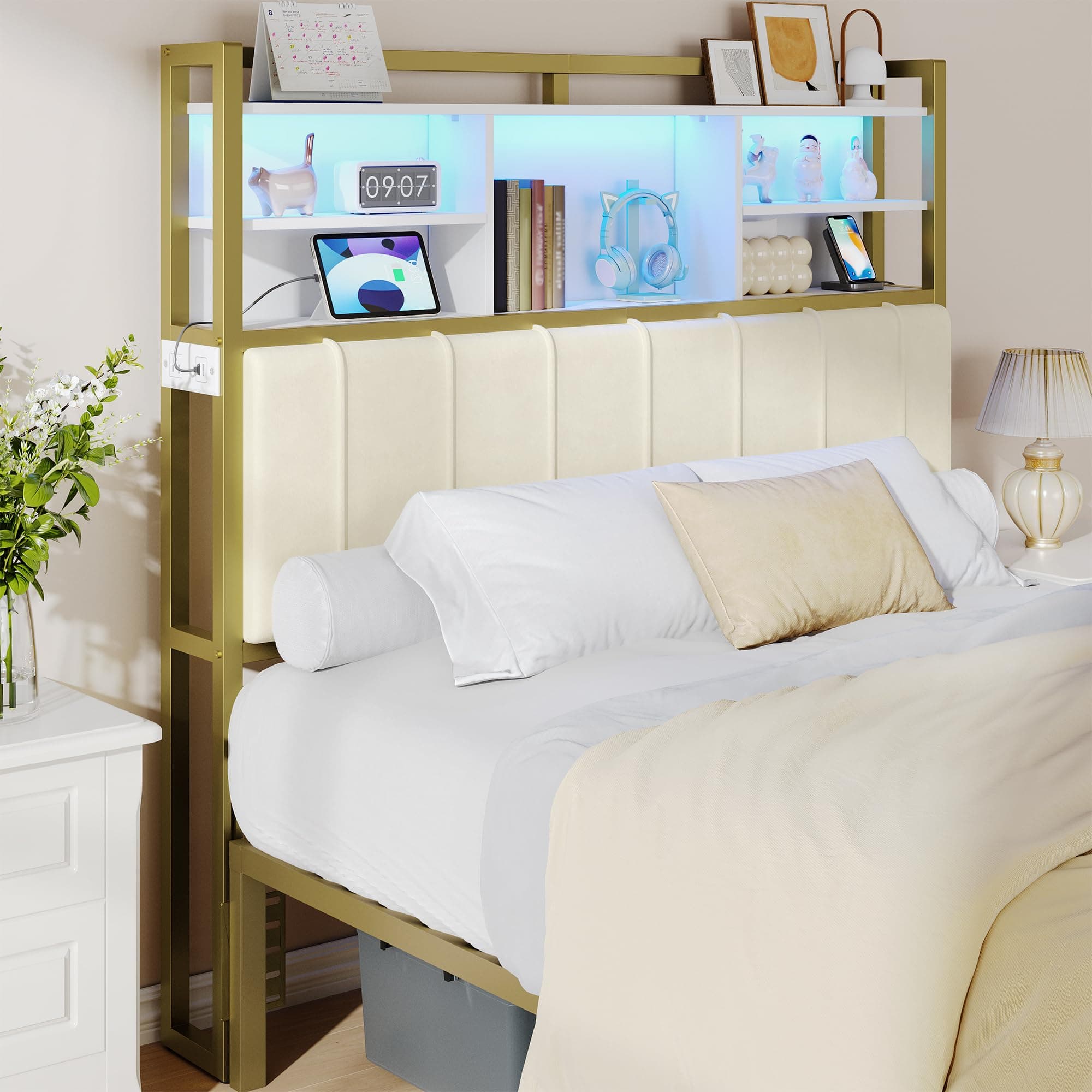 Hzuaneri Headboard with 3-Tier Storage Shelves