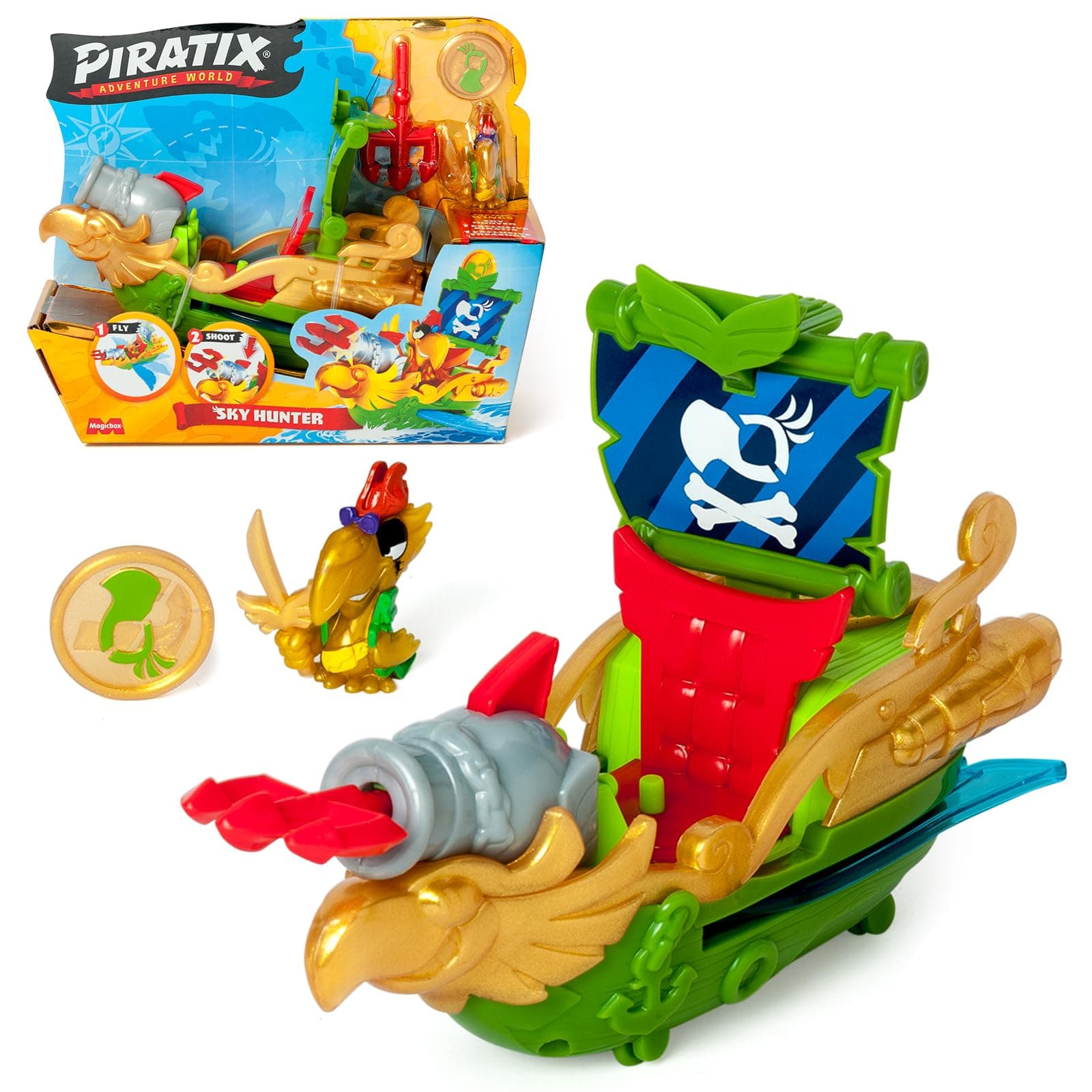 PIRATIX ADVENTURE WORLD Sky Hunter Pirate Ship in Parrot Shape Includes 1 Pirate Ship, 1 Exclusive Piratix, 1 Exclusive Treasure, 1 Accessory, 1 Cannon and 1 Projectile