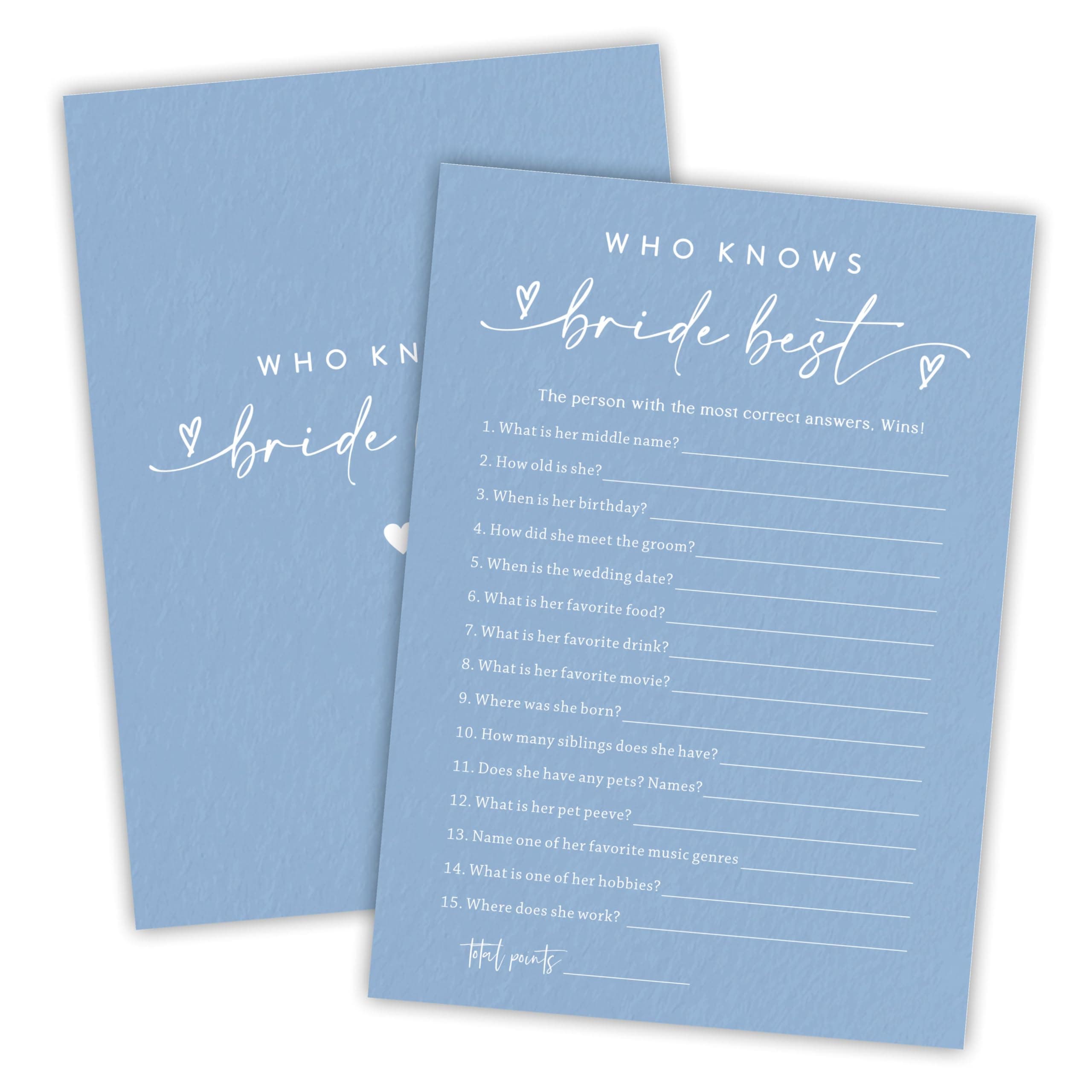 Nuckxy Bridal Shower Game Cards - Who Knows The Bride Best - 30 Pcs Blue Minimalism Wedding Game Cards, Engagement Party Game, Modern Bridal Shower Party Favor & Decorations - B03