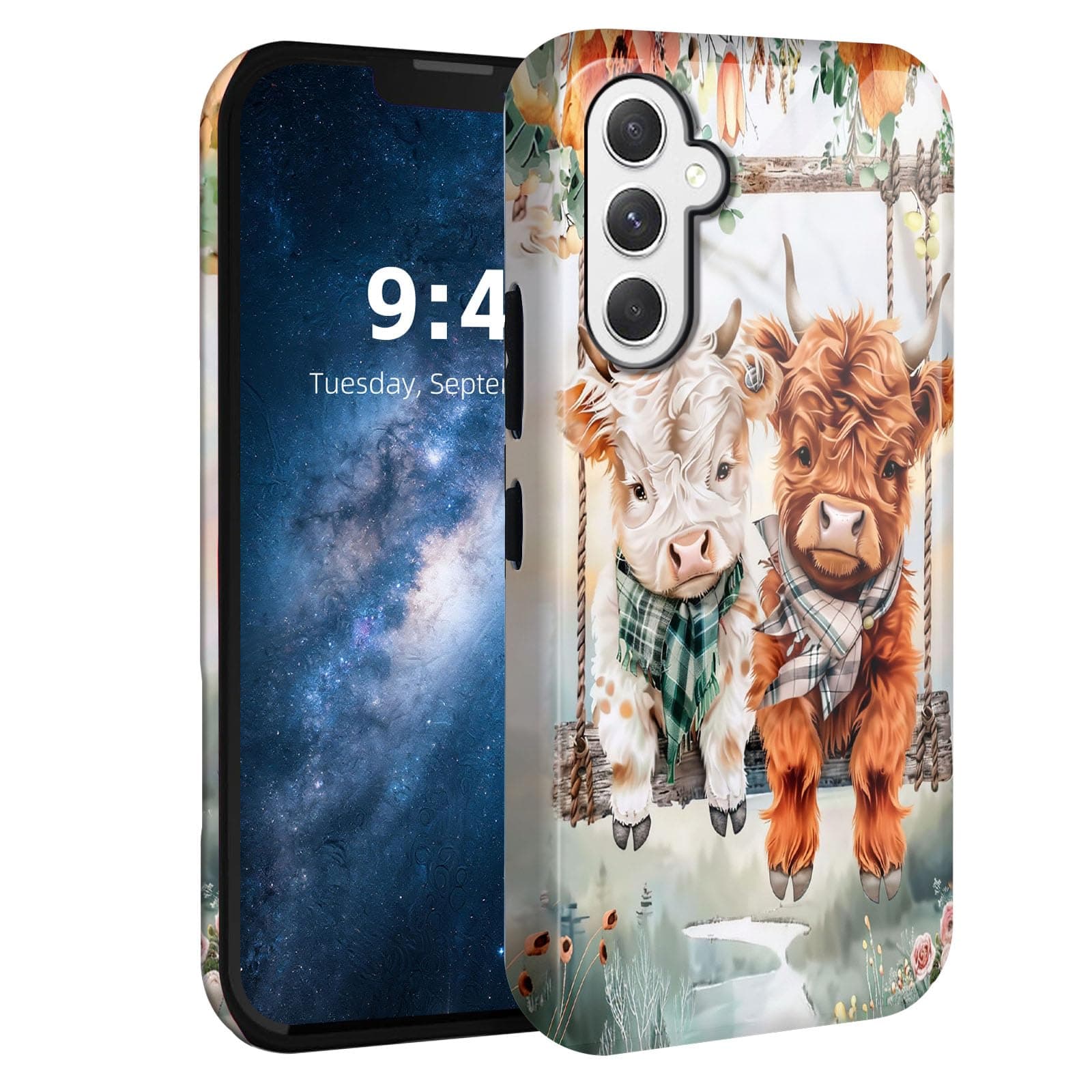 Tudguiloae for Samsung Galaxy S24 FE Phone Case, Dual Layer Hard Shell Silicone Cover for S24 FE, Cute Highland Cows Glossy Shockproof Phone Case, Compatible with Wireless Charging