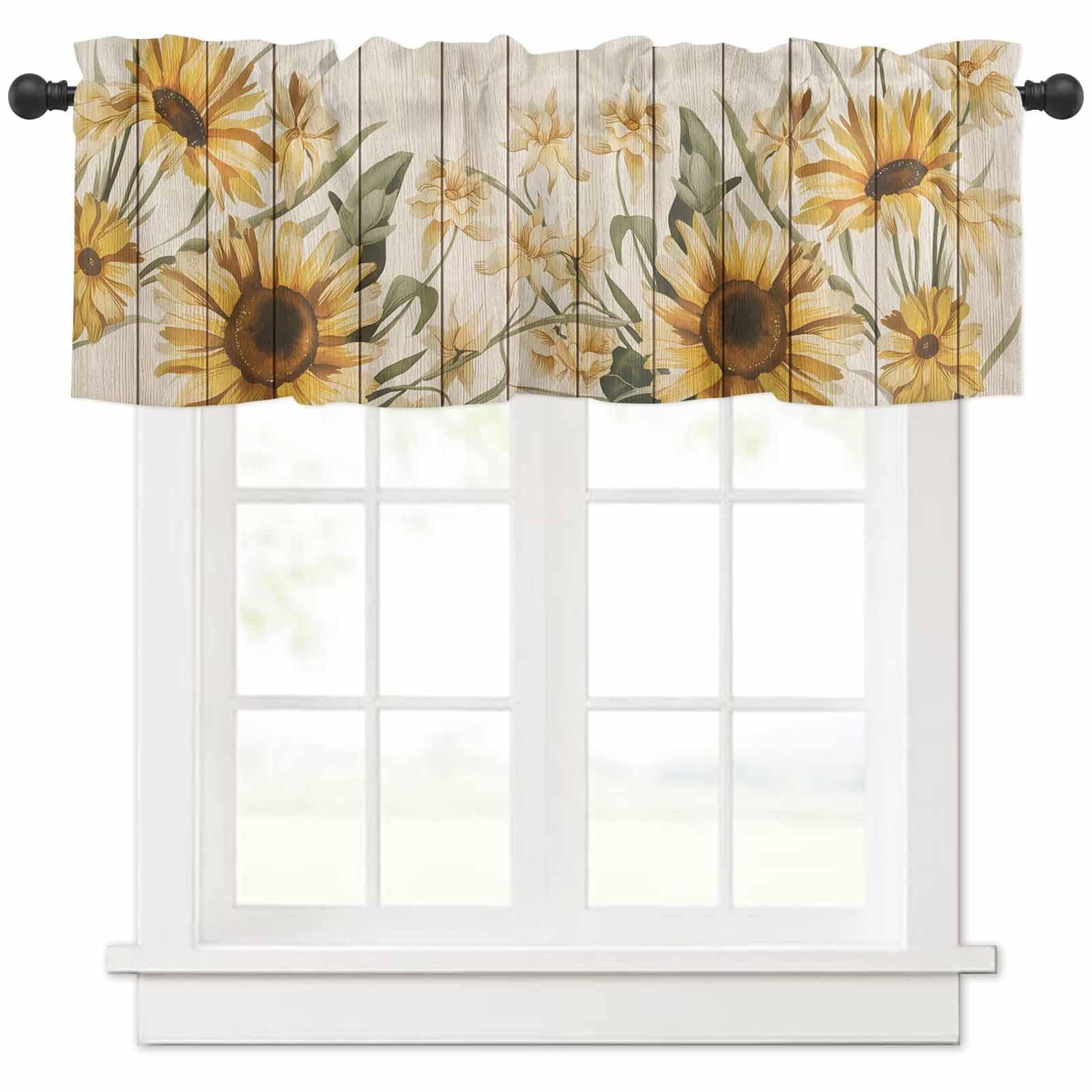 Sunflower Window Curtain Valance for Kitchen Windows/Bathroom/Living Room/Bedroom Privacy Decorative Rod Pocket Short Window Valance Curtain, 52" W x 18" L, Vintage Flowers Butterfly on Wooden Board