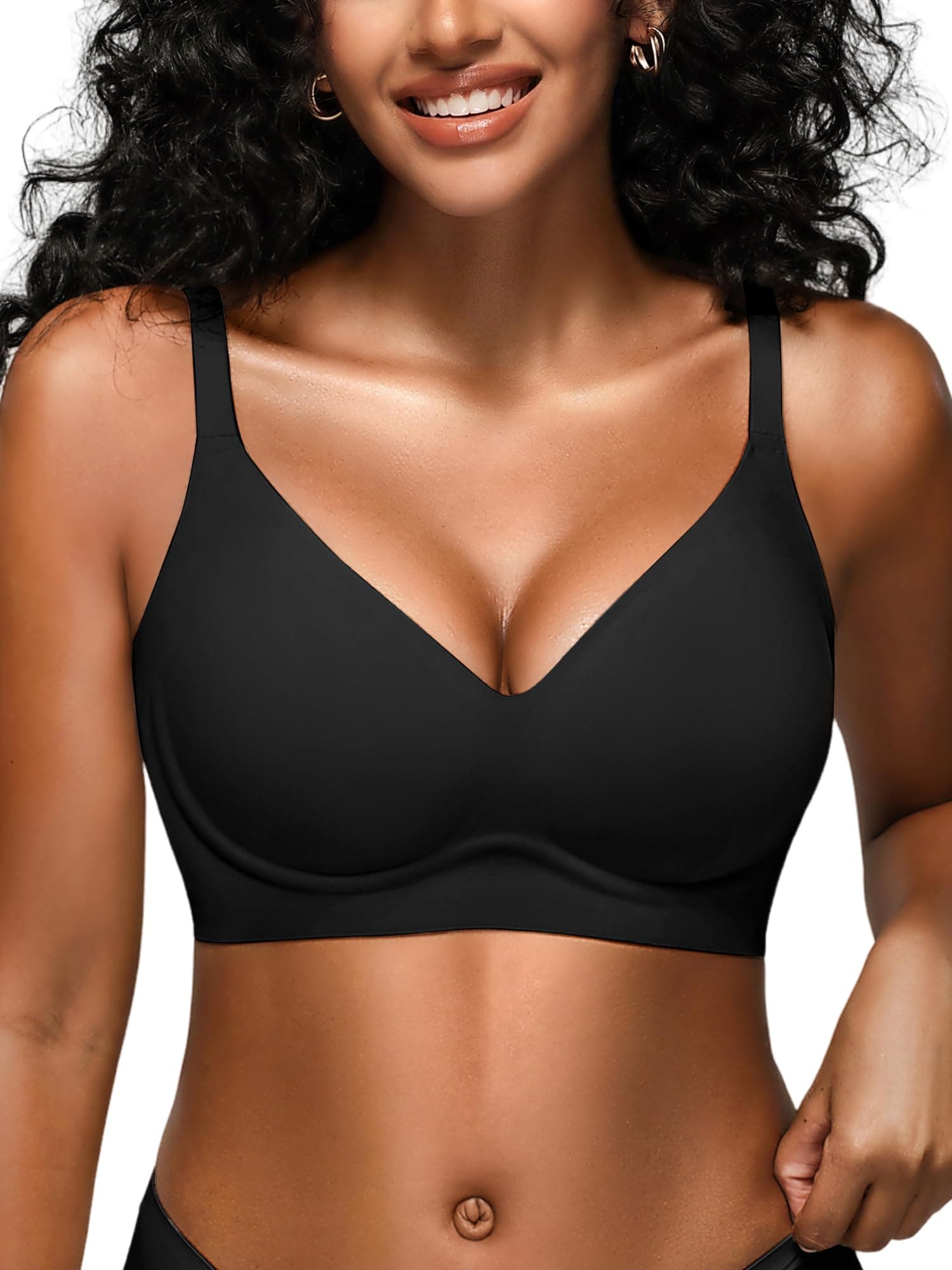 Wireless Jelly Bras for Women No Underwire - S-2XL Seamless Padded T-Shirt Bralette with Support, Full Coverage Comfort Bra, Black, Small