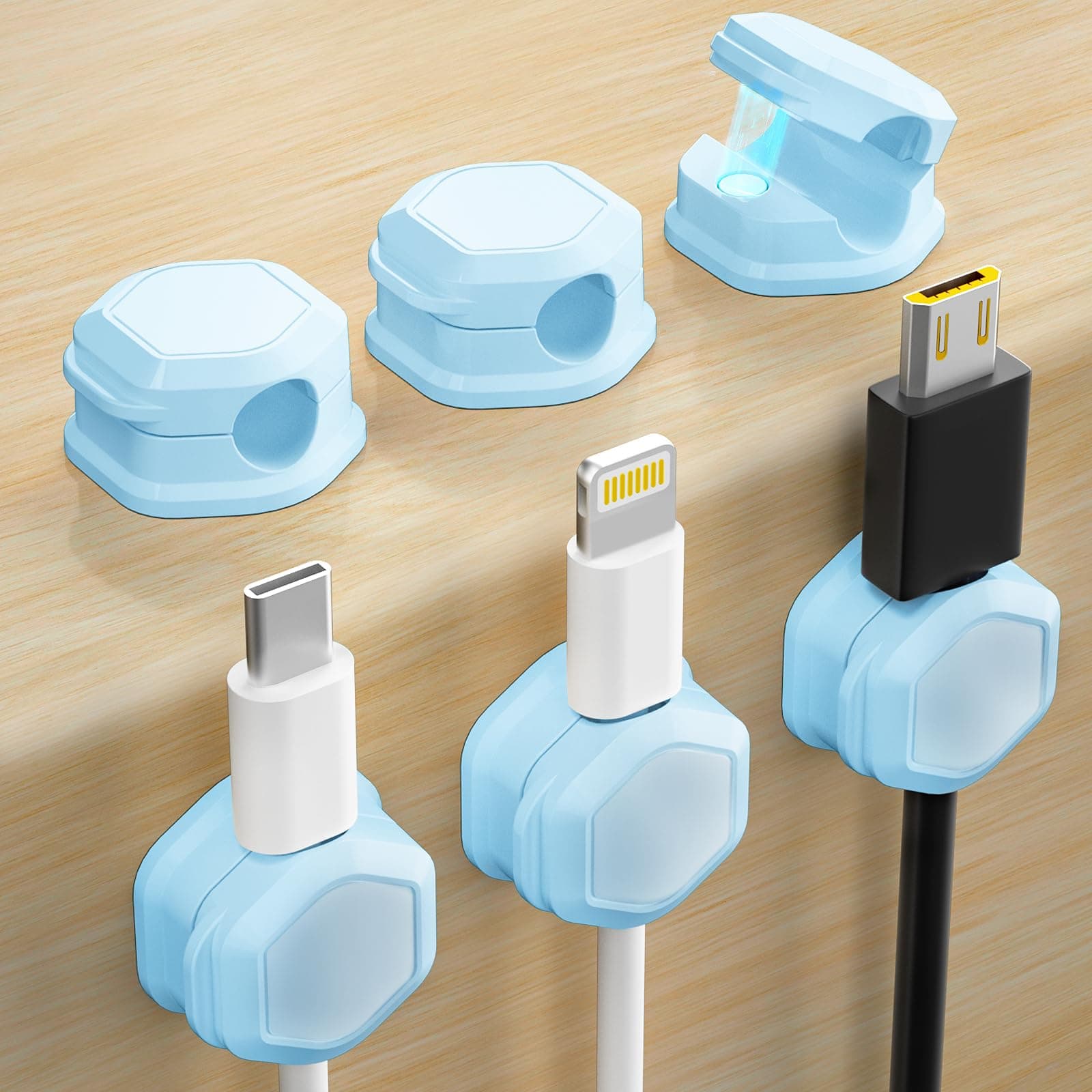 6 Pack Magnetic Cable Clips - Cord Holder - Cord Organizer for Desk, Cord Holder for Nightstand, for Desk, Nightstand, Phone Charger, Computer, Home, Office, Car(Light Blue)