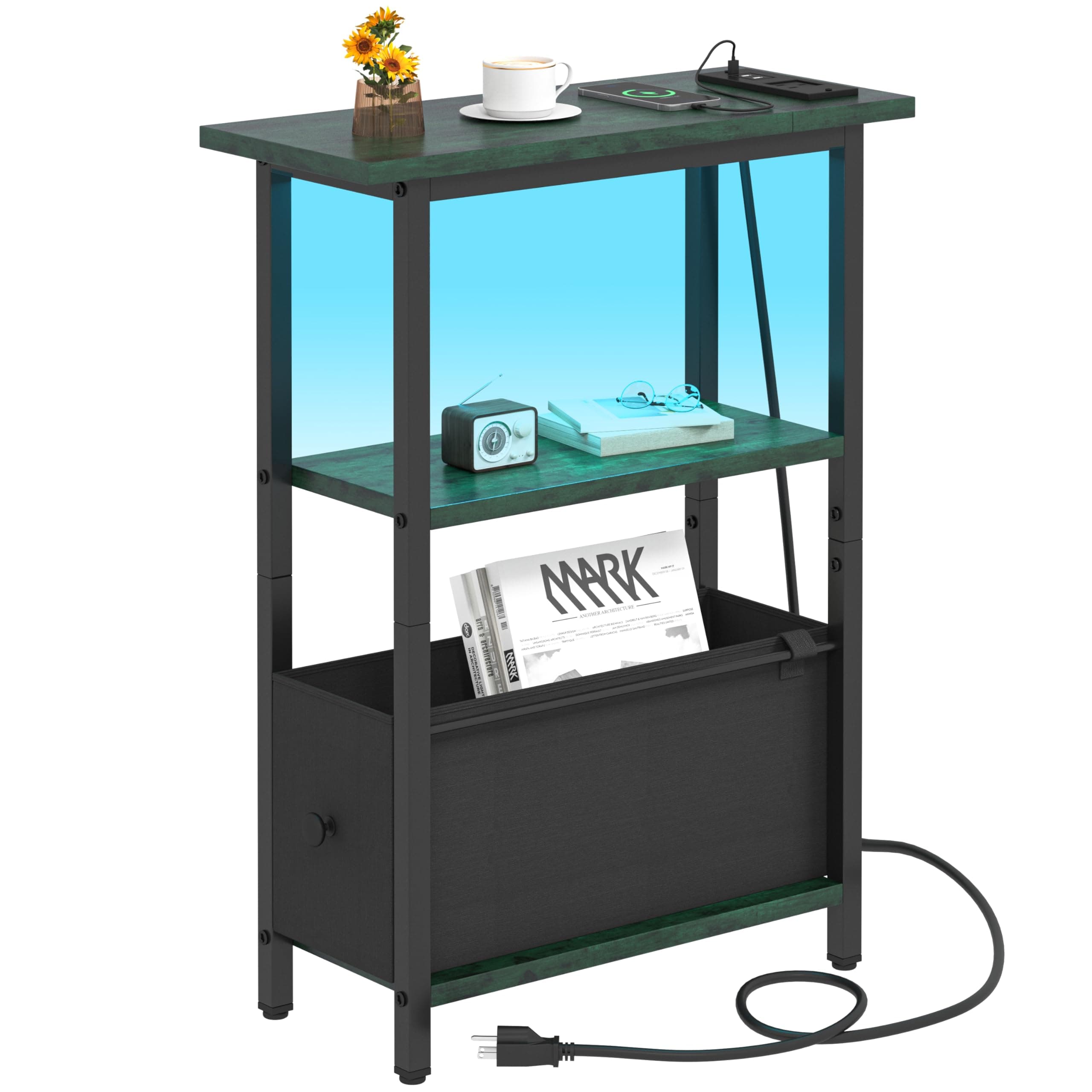 Narrow Side Table for Living Room, Space-Saving End Table, Modern Accent Table (Plug & LED, Green and Black)