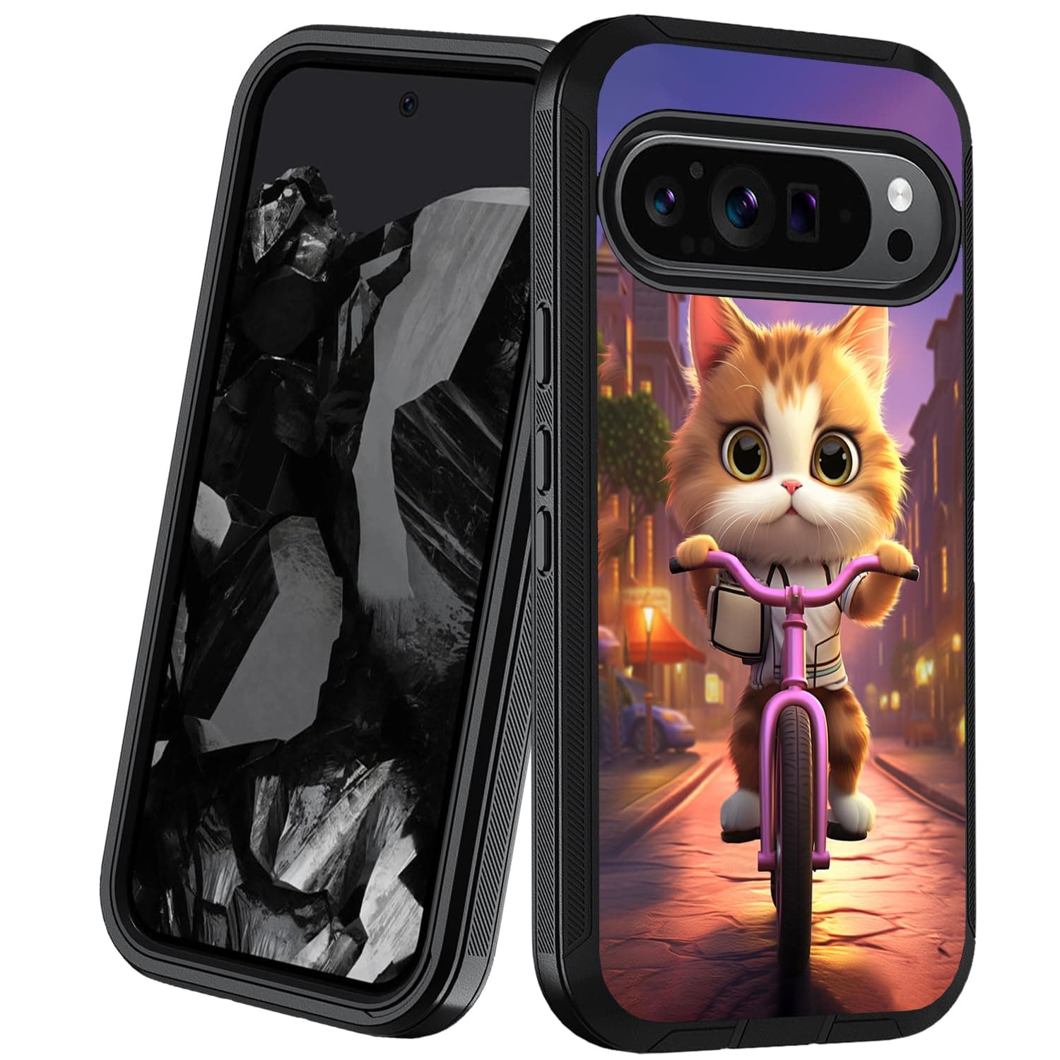BXIKEOPIU Designed for Google Pixel 9 Pro XL Case, Heavy Duty 3-Layer Shockproof Dust/Drop Proof Full-Body Rugged Protective Cover for Google Pixel 9 Pro XL (2024), Cute Cat Riding Bicycle