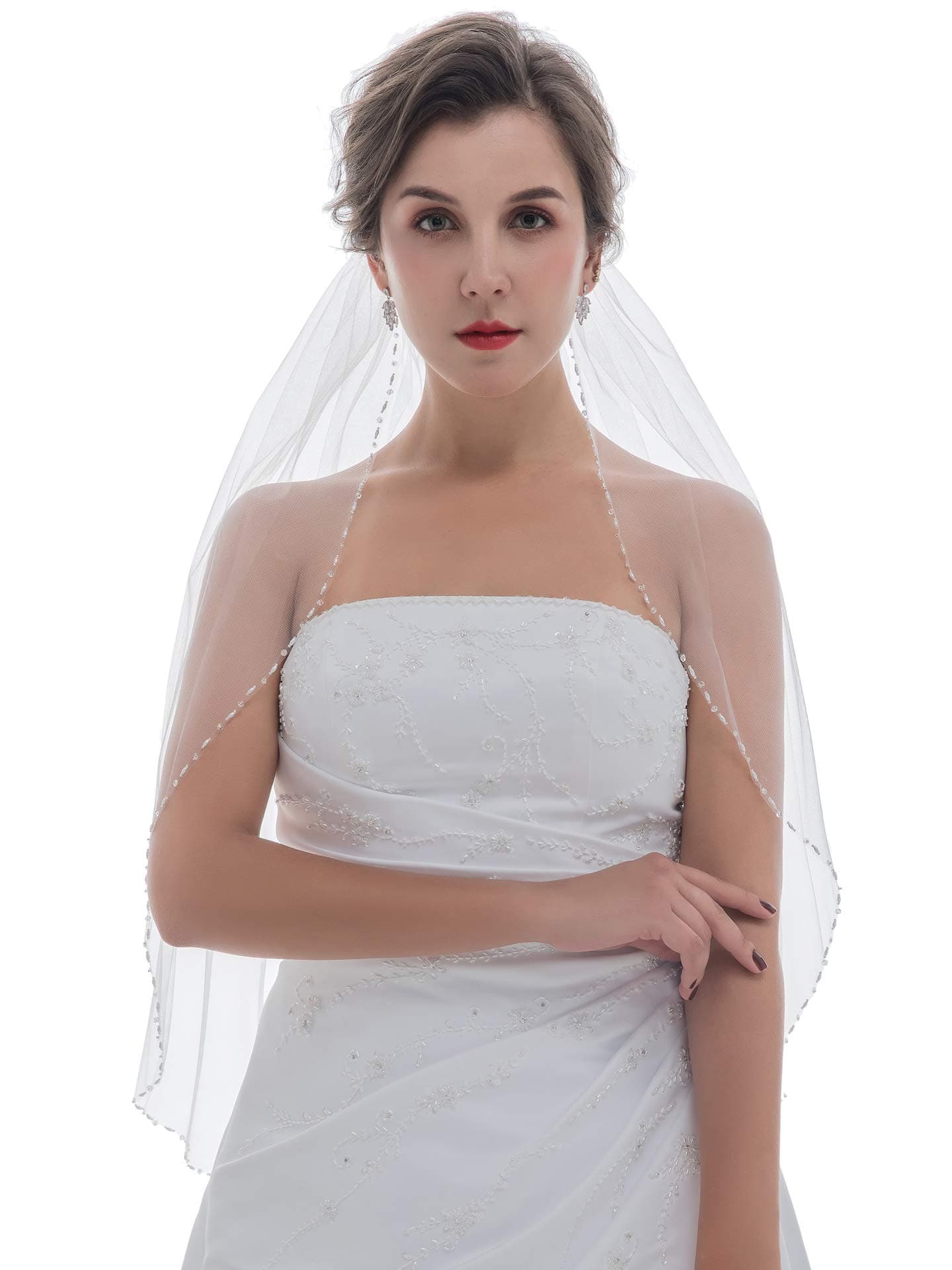 SAMKY 1T 1 Tier Pearl Crystal Beaded Bridal Wedding Veil, Ivory, Elbow Length 30"