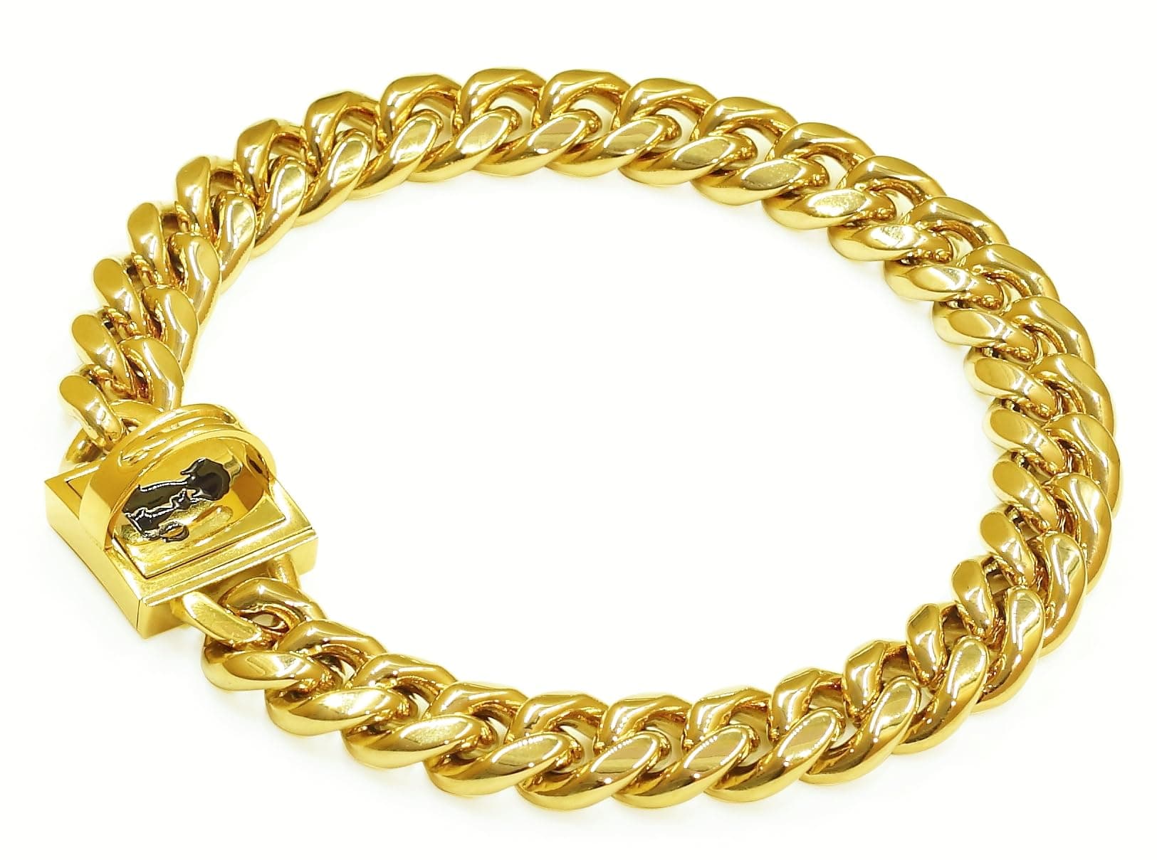 QICHENMAO Heavy Duty Cuban Link Chain Dog Collars 15MM Gold/Silver Stainless Steel Metal Walking Training Collars with Cute Secure Design Buckle, Chew Proof, for Large Medium Small Dogs (Gold, 22'')