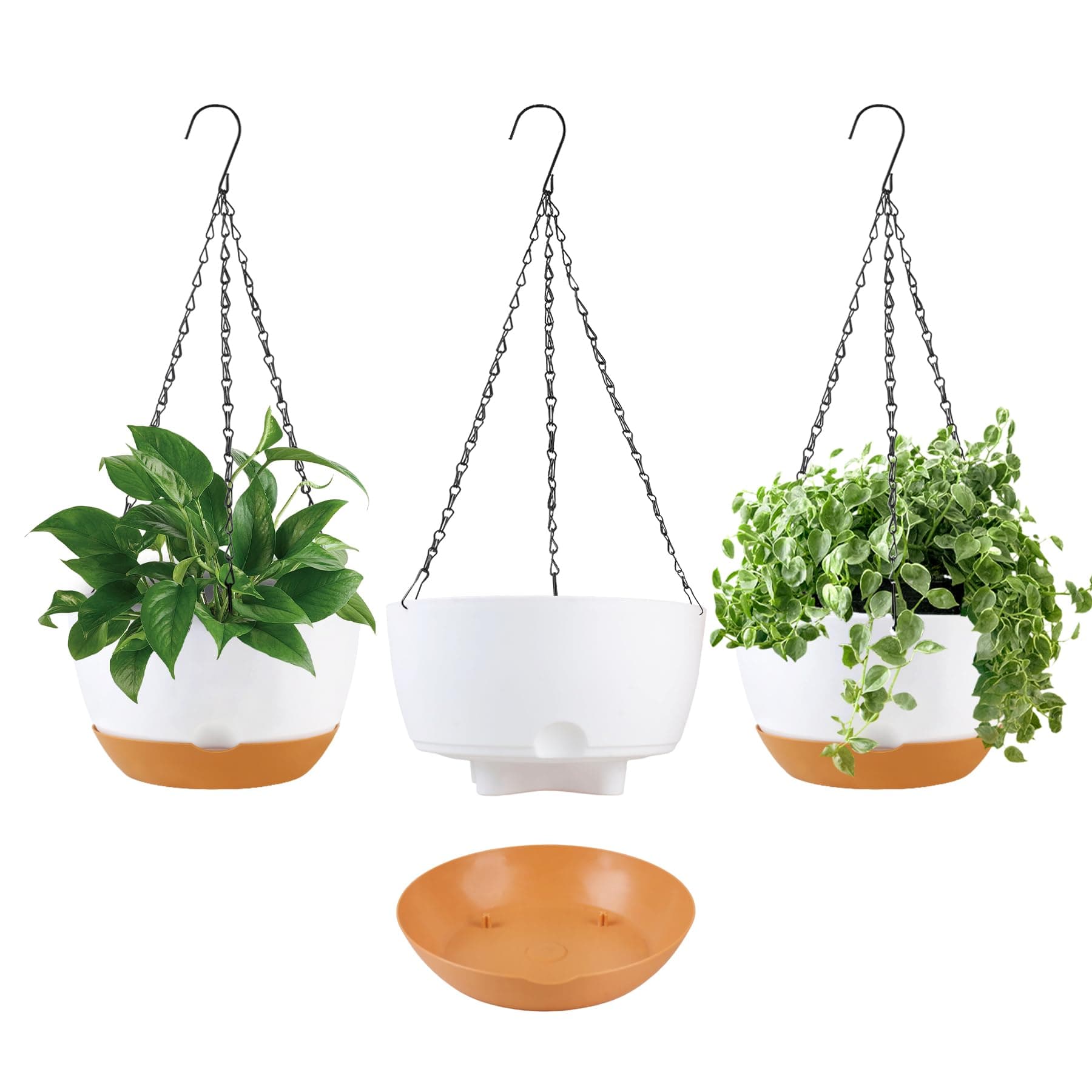 10 inch Hanging Planters Self Watering Pots for Indoor Plants, 3 Pack Plastic Hanging Basket with Removable Tray for Home Garden Porch Balcony Patio Decor (White)