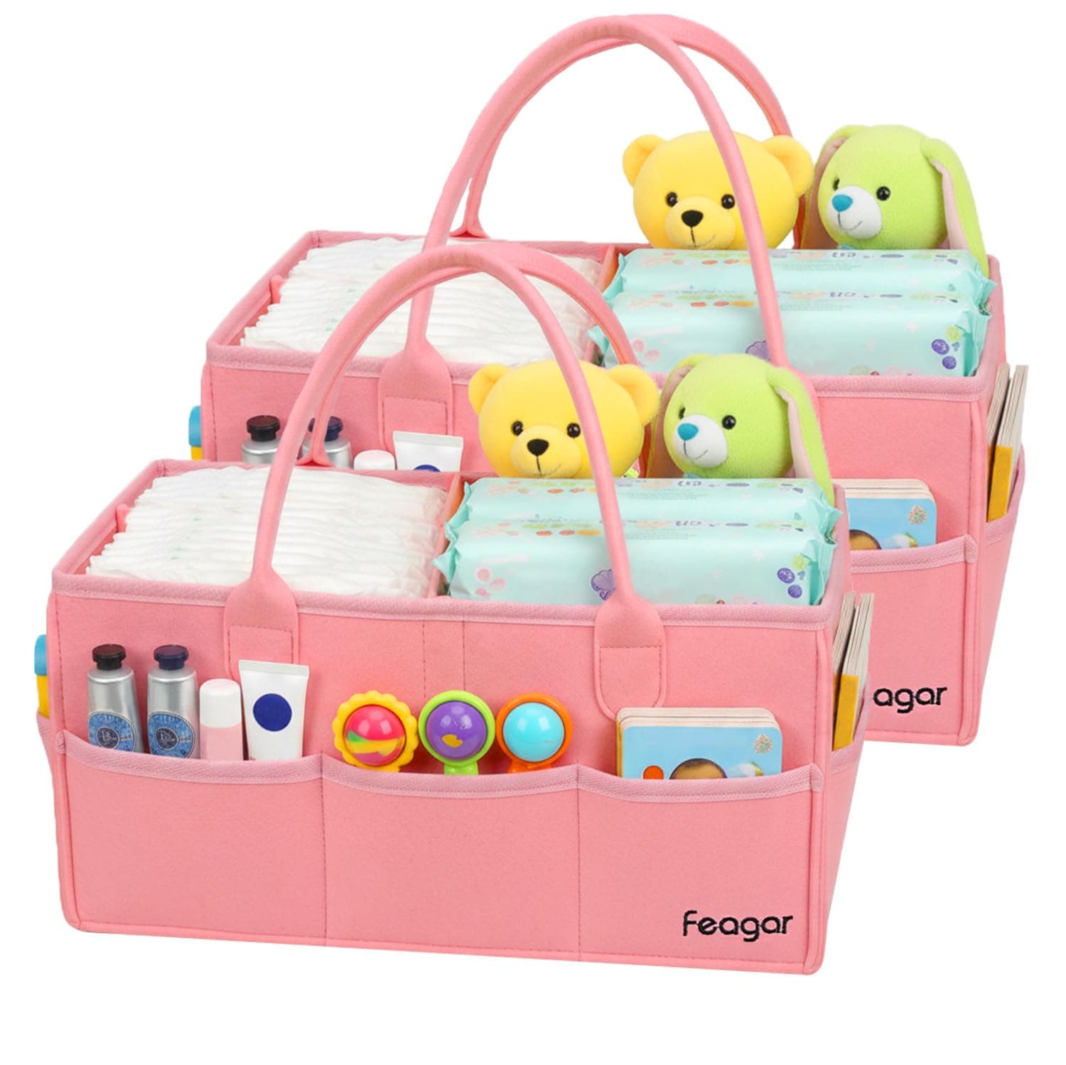 Feagar Baby Diaper Caddy Organizer, 15 Inch Large 2 Pack Set with 8 Pockets & 2 Dividers, Portable Nursery Storage Basket & Car Organizer for Changing Table, Travel (Pink)