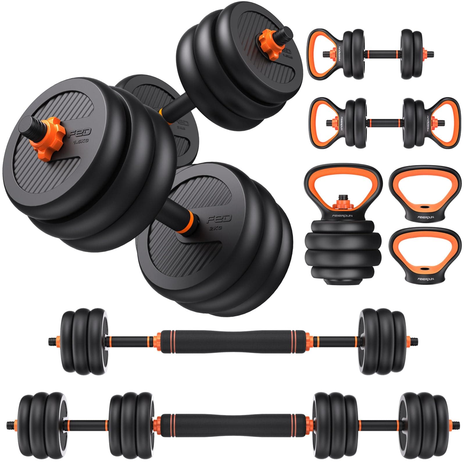 FEIERDUN Adjustable Dumbbell Set, 70lbs Free Weight Set with Connector, 4 in1 Weight Set Used as Barbell, Kettlebells, Push up Stand, Fitness Exercises for Home Gym Suitable Men/Women