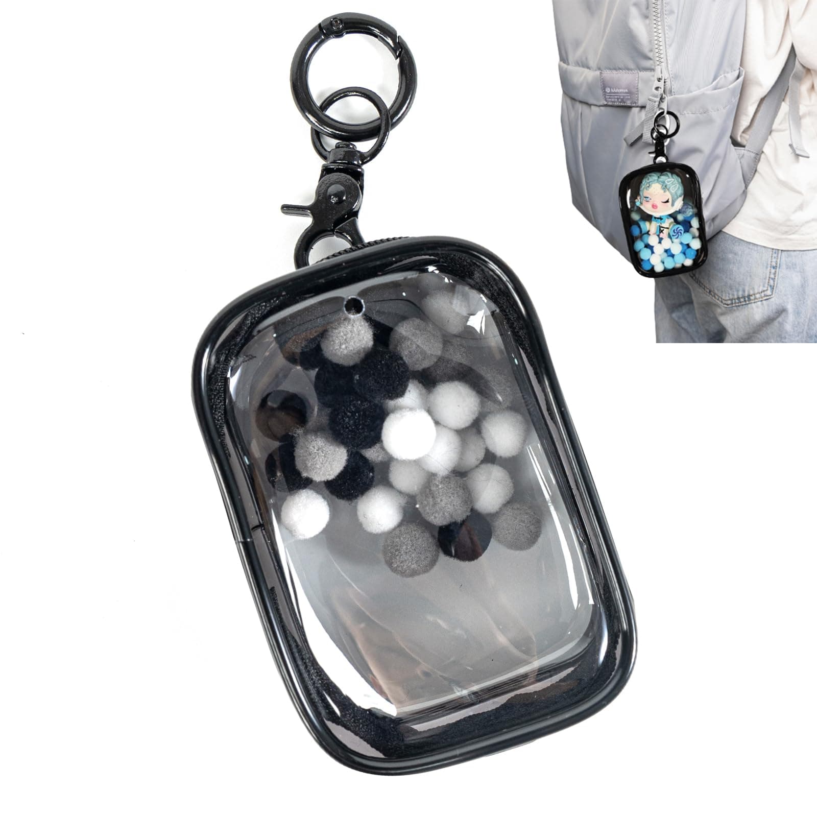 ZZFENGKR Clear Figures Display Bag, Portable Figures Storage Bag with Keychain, Mini Doll Hanging Blind Box, Single Zipper Closure Dustproof Collectibles Case for Mini Figures, Dolls (Black, Square)