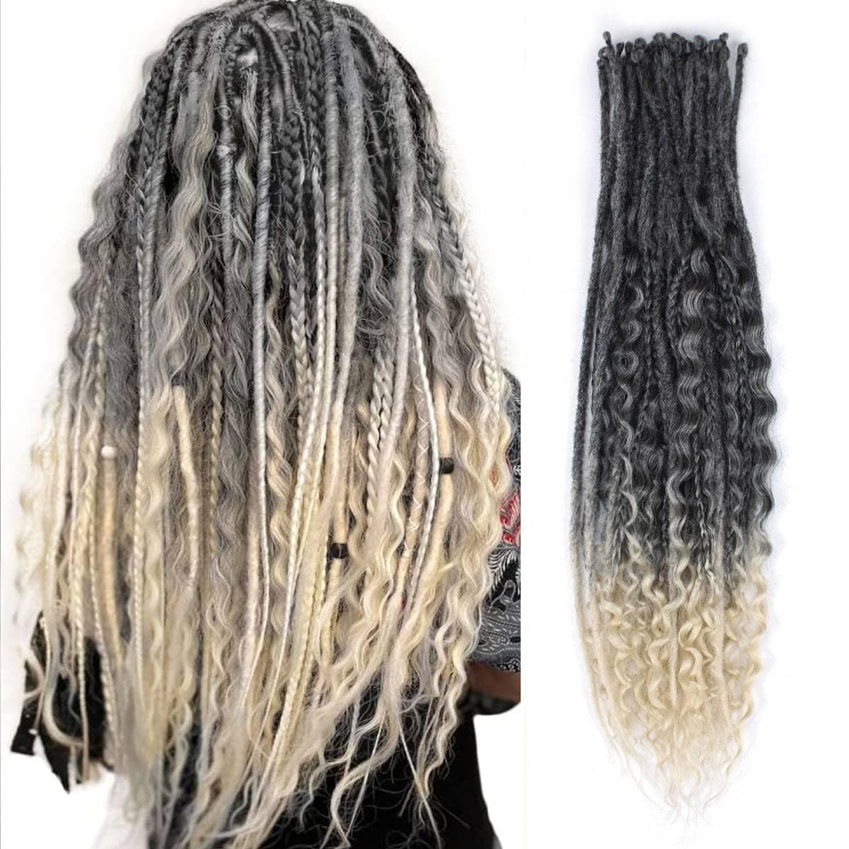 Pouweney 24 Inch 3 In 1 Dreadlock Extensions Sets, 30 Strands Mixed Ombre Gray Blonde Synthetic SE Dreads Extensions, 100% Handmade Soft Single Ended Curly Boho Wavy Dreads for Girls